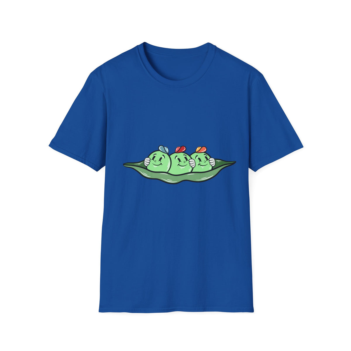 Pees Cartoon t-shirt in royal blue, flat lay front print, funny cute peas in a pod graphic tee