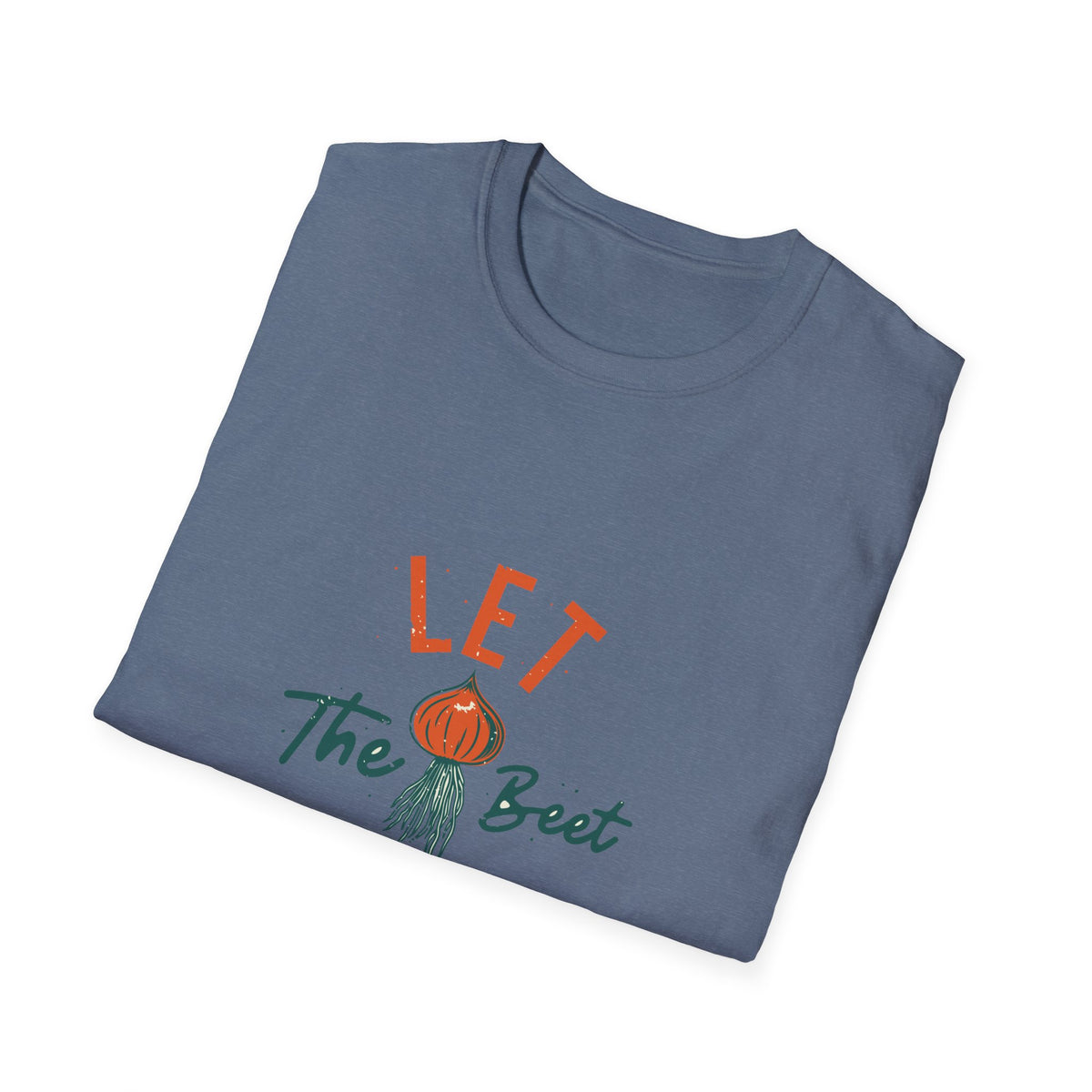 'Let the Beet Drop' beet pun print folded on slate blue t-shirt, funny gift for gardeners