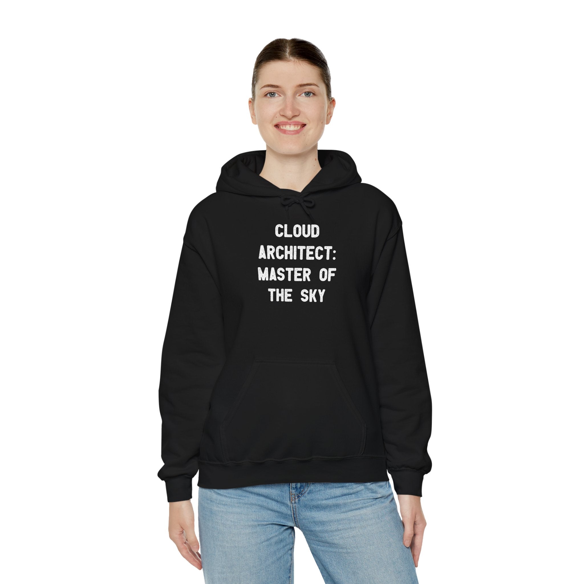 A person wearing the Cloud Architect Master of the Sky - Hooded Sweatshirt smiles while standing against a white background.