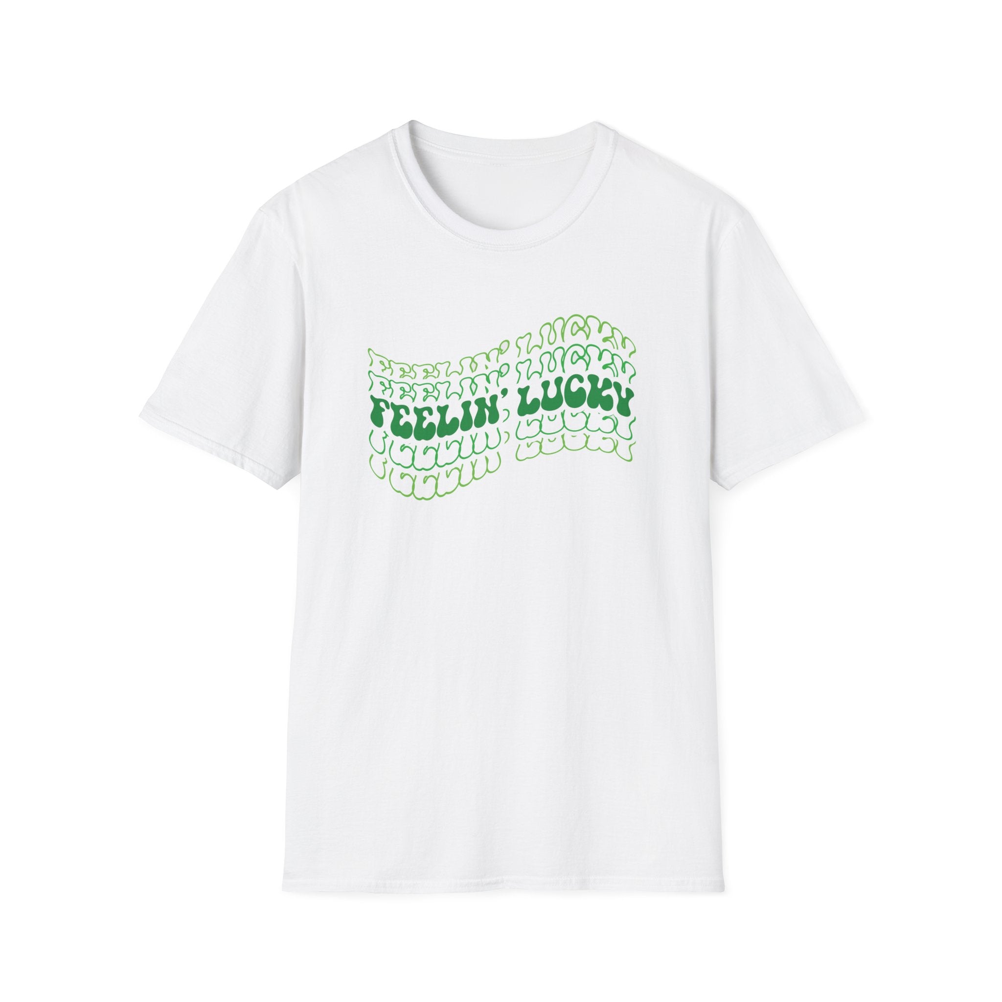 The Feeling Lucky T-Shirt features green wavy text "FEELIN' LUCKY" on a white tee, making it ideal for casual wear.