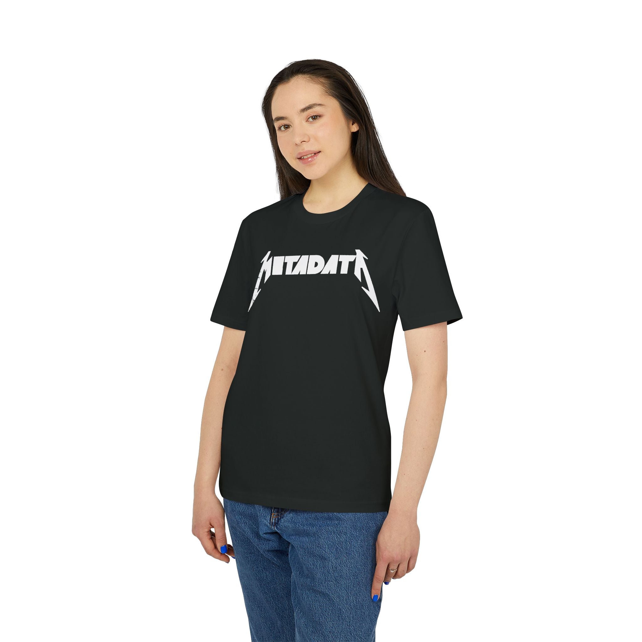 Someone wears the Metadata - Organic T-Shirt, a black organic cotton tee featuring "ATTADAT" in bold, stylized white letters, standing against a plain white background.