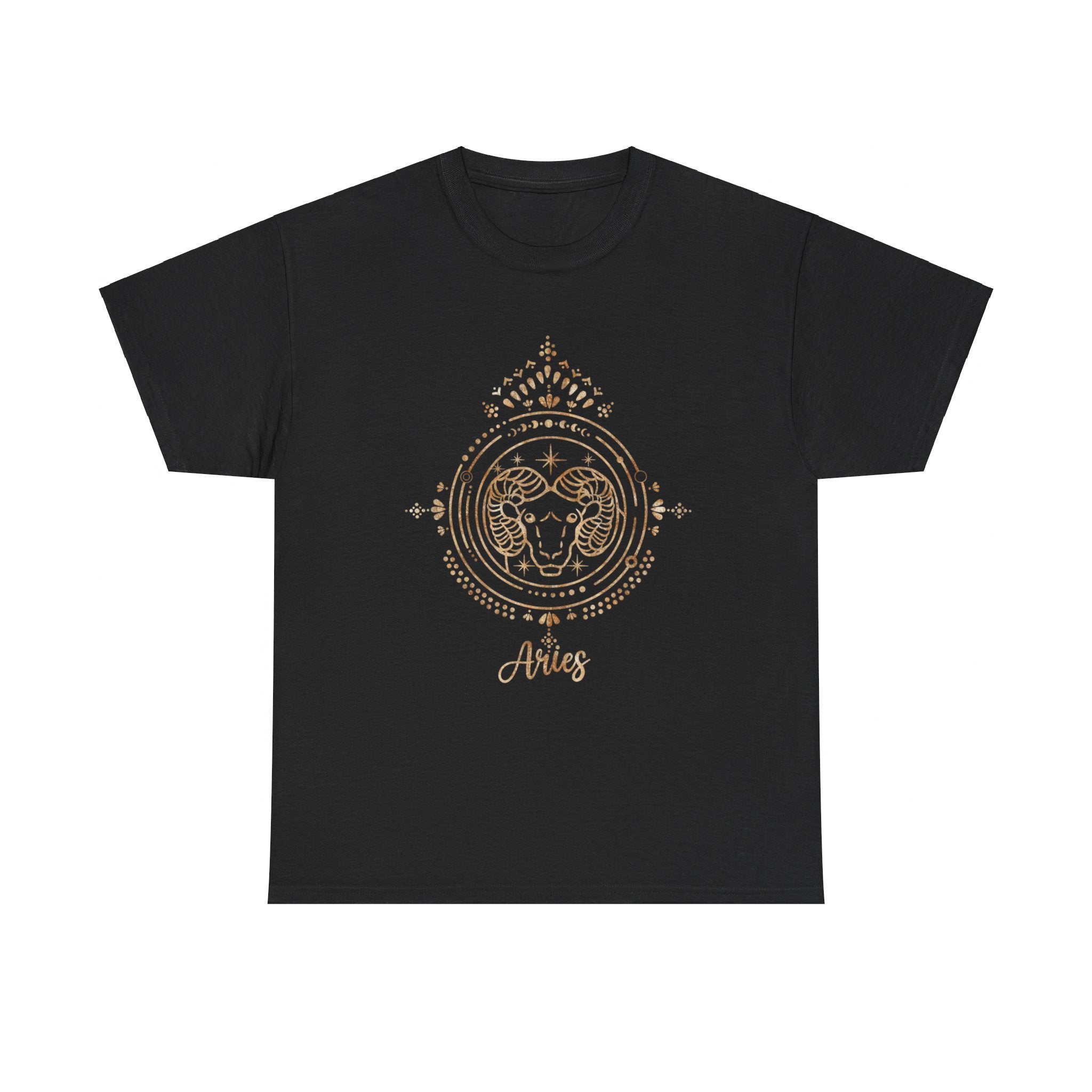 Experience the Aries T-Shirt, a black tee adorned with a gold Aries symbol and an intricate design that embodies the vibrant spirit of an Aries, with "Aries" elegantly inscribed below.