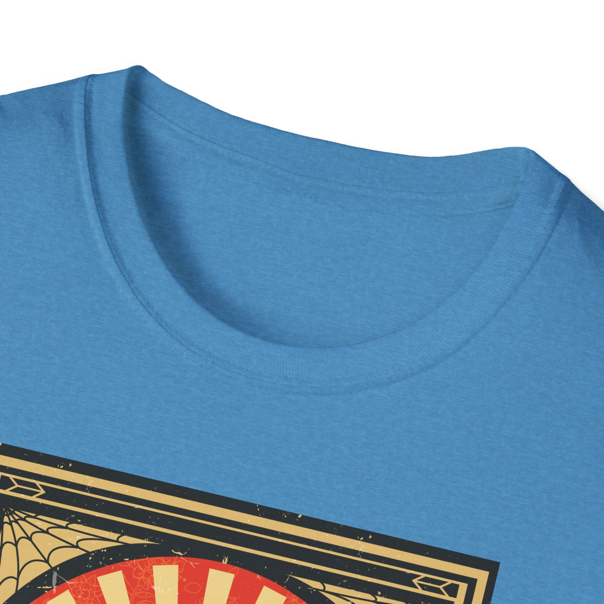 Close-up of 'Mexican Wrestler' t-shirt fabric in heather sapphire, funny lucha libre graphic tee detail