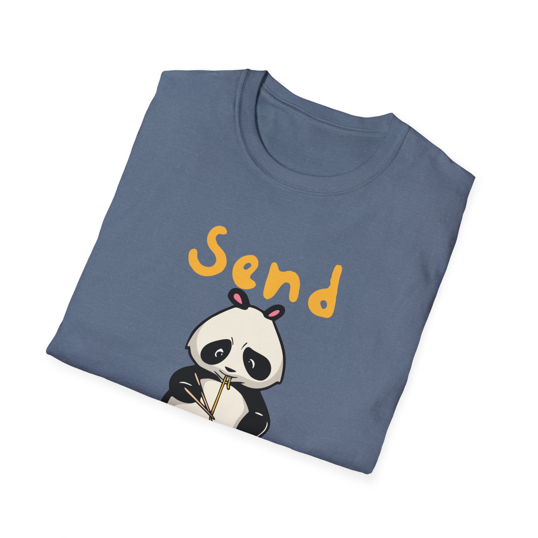 The Send Noods T-Shirt features a stylish fit with a cartoon panda sporting antennas and the humorous phrase "Send Noods" printed above in a playful font.