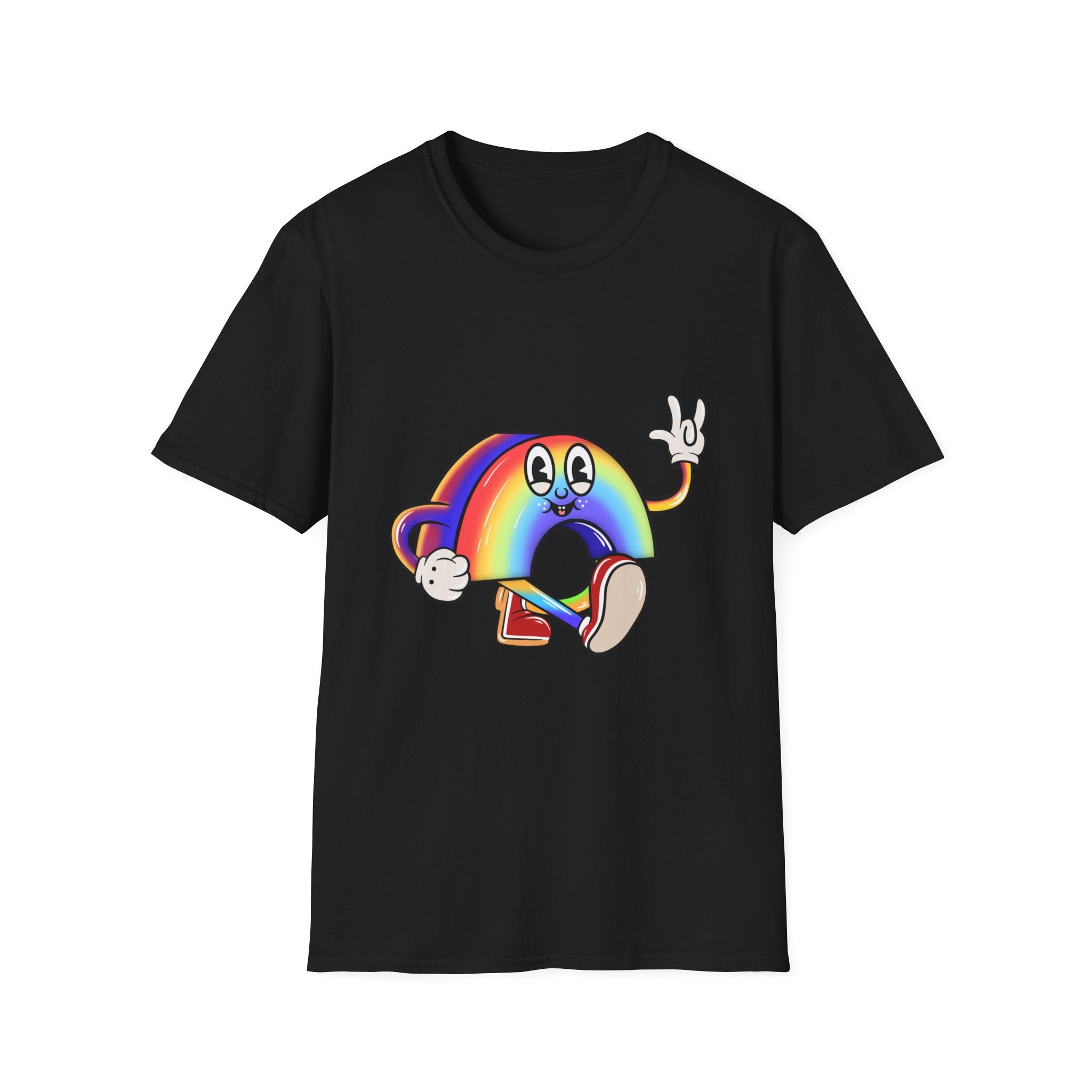 Check out the Cartoon Rainbow black T-shirt, which showcases a vibrant cartoon character in a rainbow gradient, flashing a peace sign while walking. This colorful piece is perfect for adding a unique touch to your wardrobe.