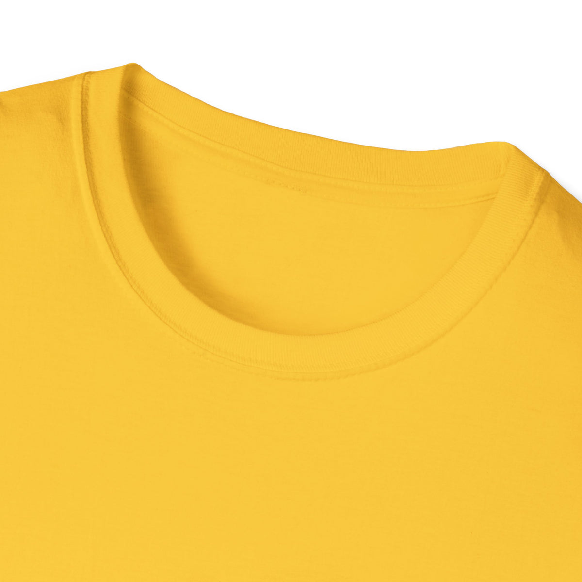 Close-up of 'Relaxing Skull' t-shirt neckline in yellow, funny skeleton graphic tee fabric detail