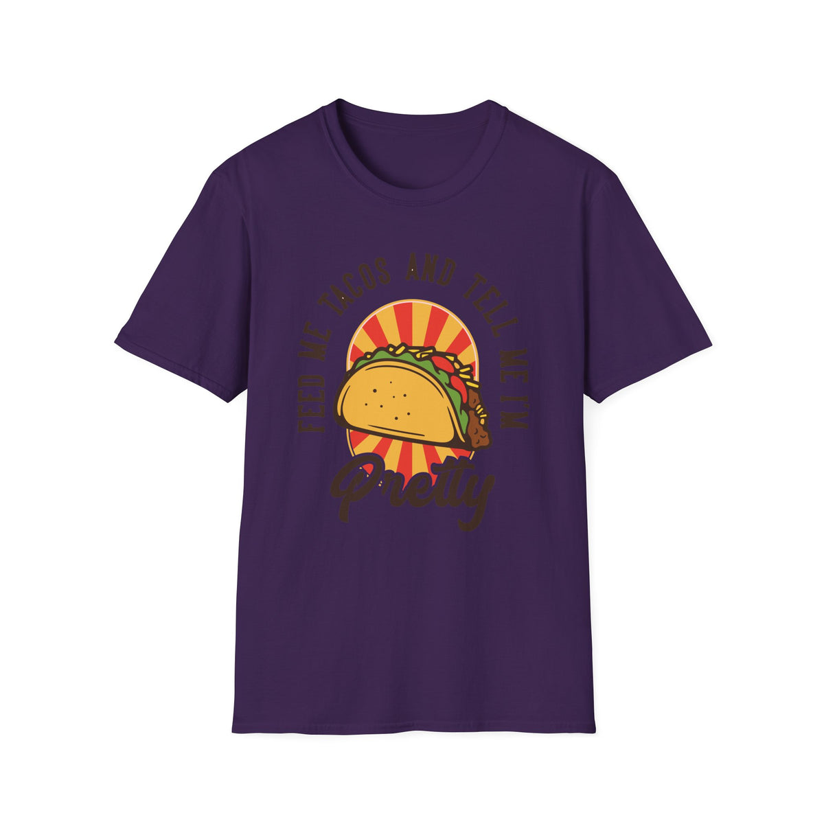 'Feed Me Tacos and Tell Me I'm Pretty' t-shirt in purple, funny gift for taco lovers