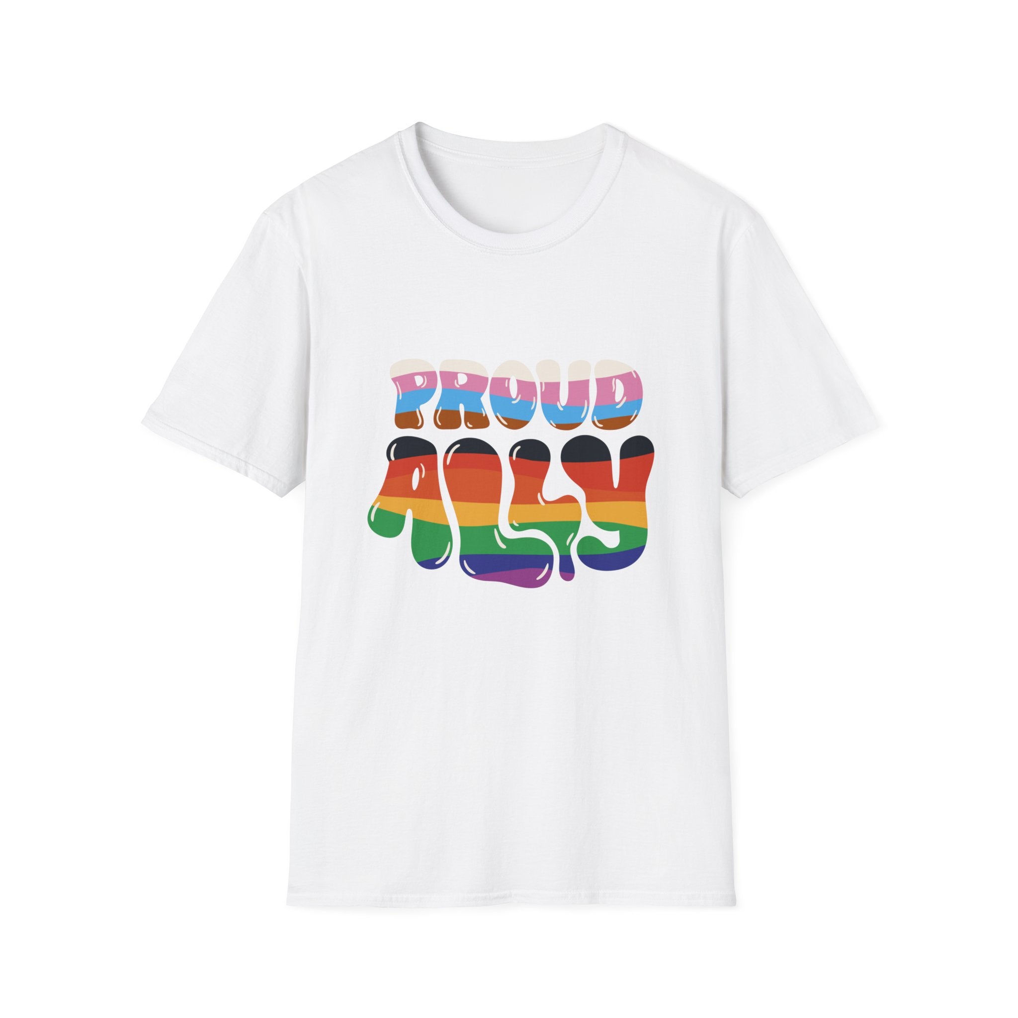 The Proud Ally T-Shirt features "Proud Ally" in bold, colorful, wavy letters with a rainbow gradient, making it ideal for pop culture enthusiasts who celebrate diversity and inclusion.