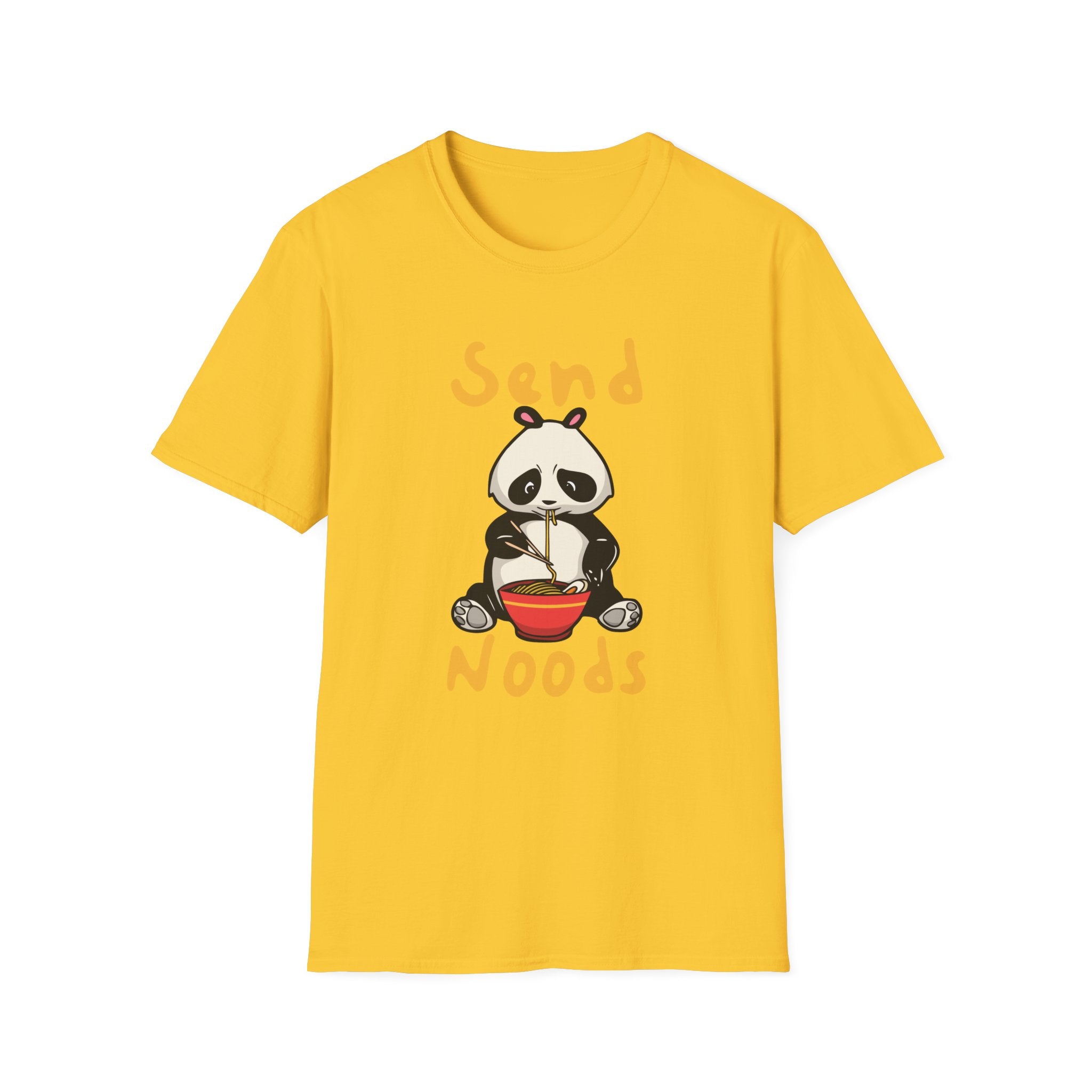 The "Send Noods T-Shirt" is a stylish yellow top, showcasing a cartoon panda enjoying noodles with the humorous phrase "Send Noods.