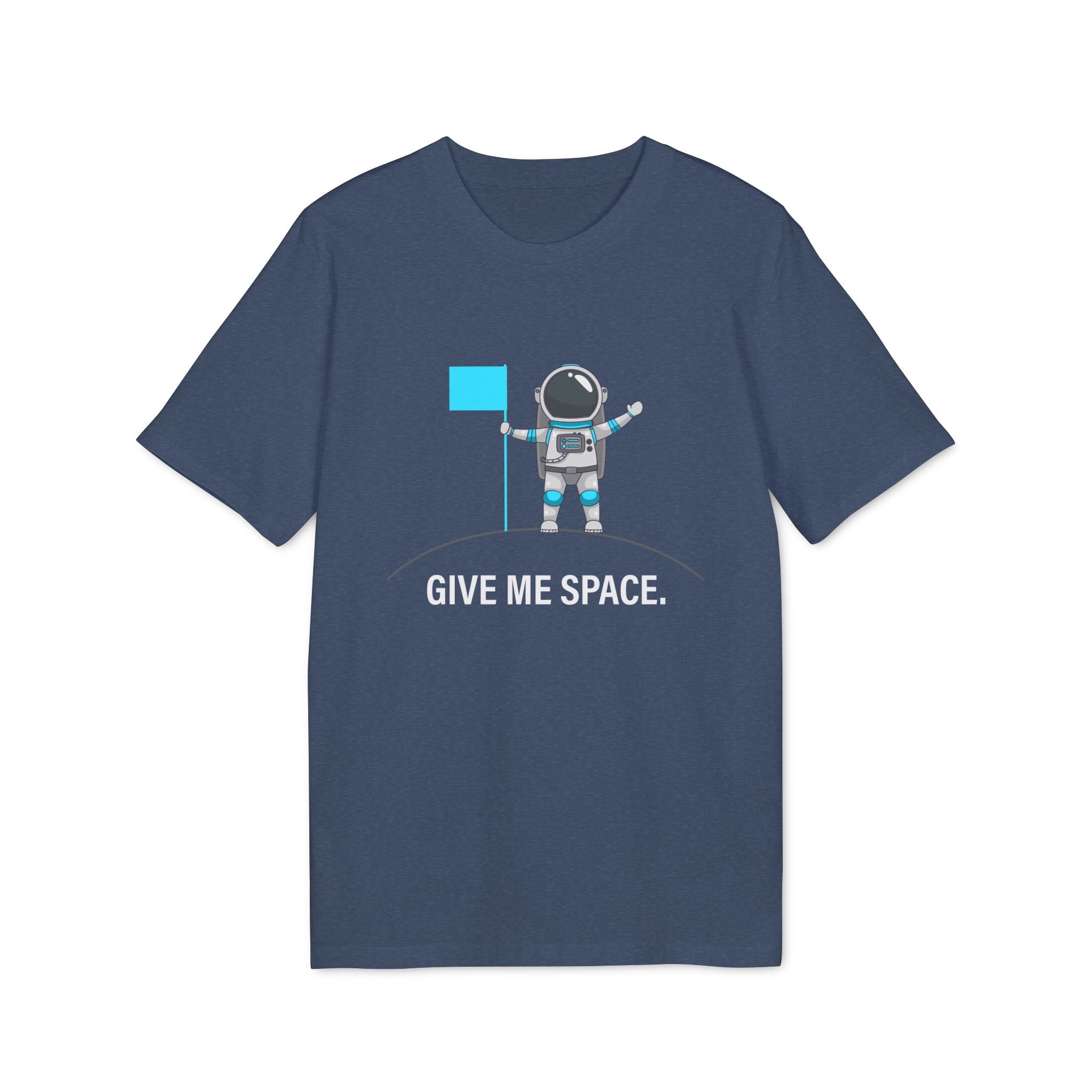 The "Give me space - Organic T-Shirt" is a navy blue organic cotton shirt with a cartoon astronaut holding a blue flag that reads "GIVE ME SPACE"—an eco-friendly, nerdy tee ideal for space enthusiasts.