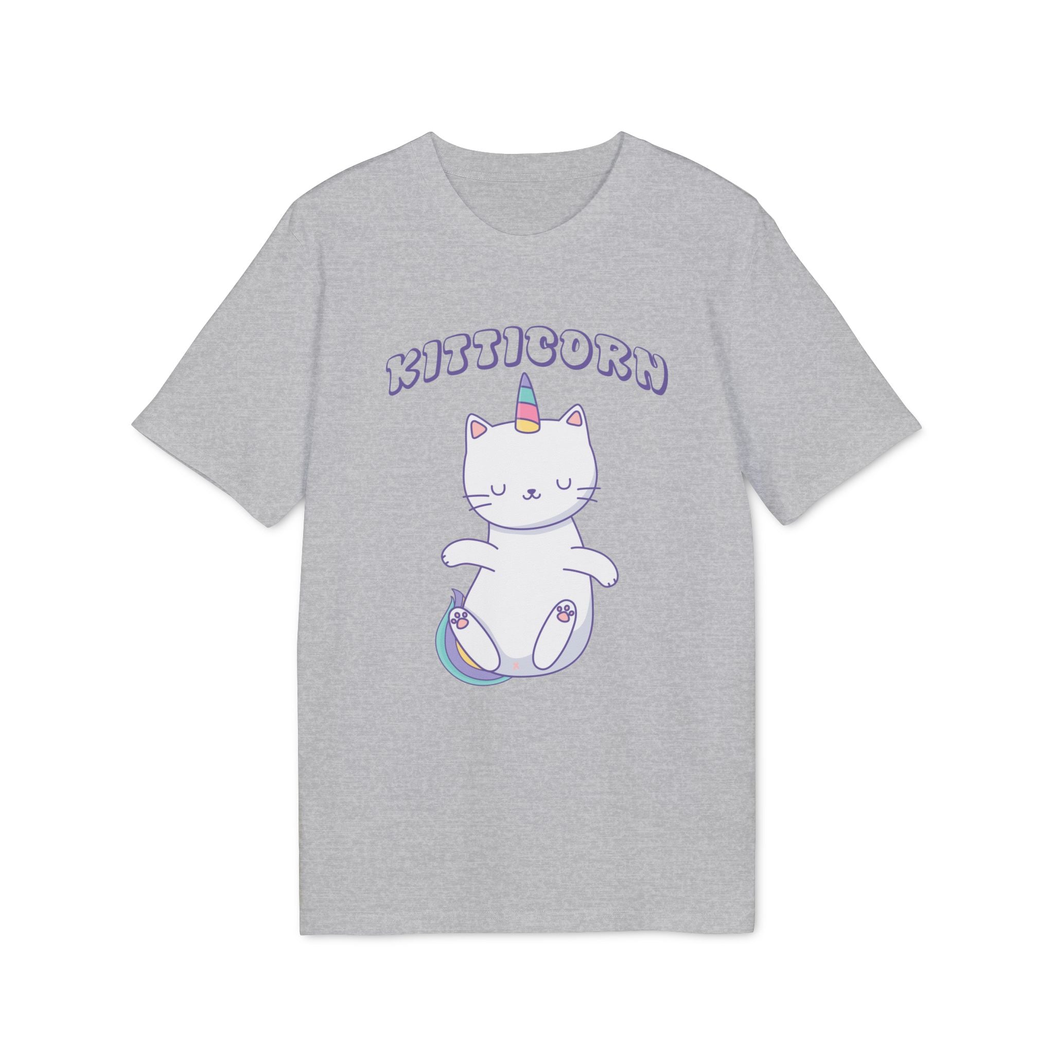 The Organic T-Shirt - Kitticorn Design features a cute white cat with a unicorn horn, rainbow details, and "KITTICORN" in purple bubble letters—a unique and charming gift for any cat lover.