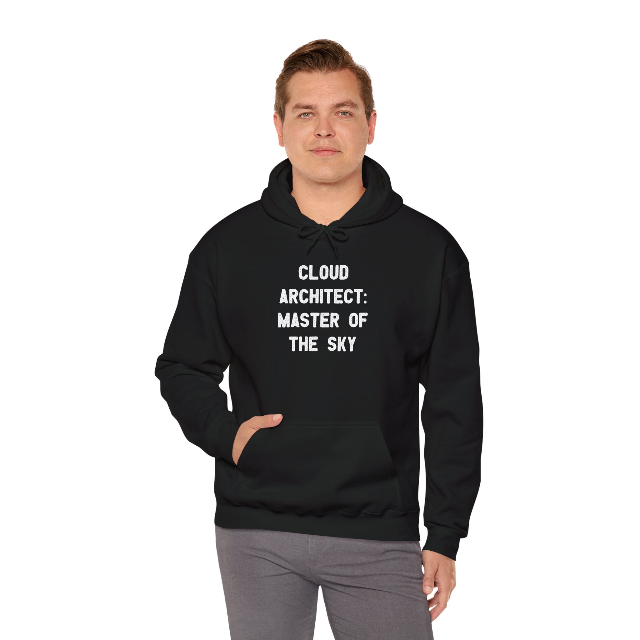 Person wearing the "Cloud Architect Master of the Sky" hooded sweatshirt in a classic fit.