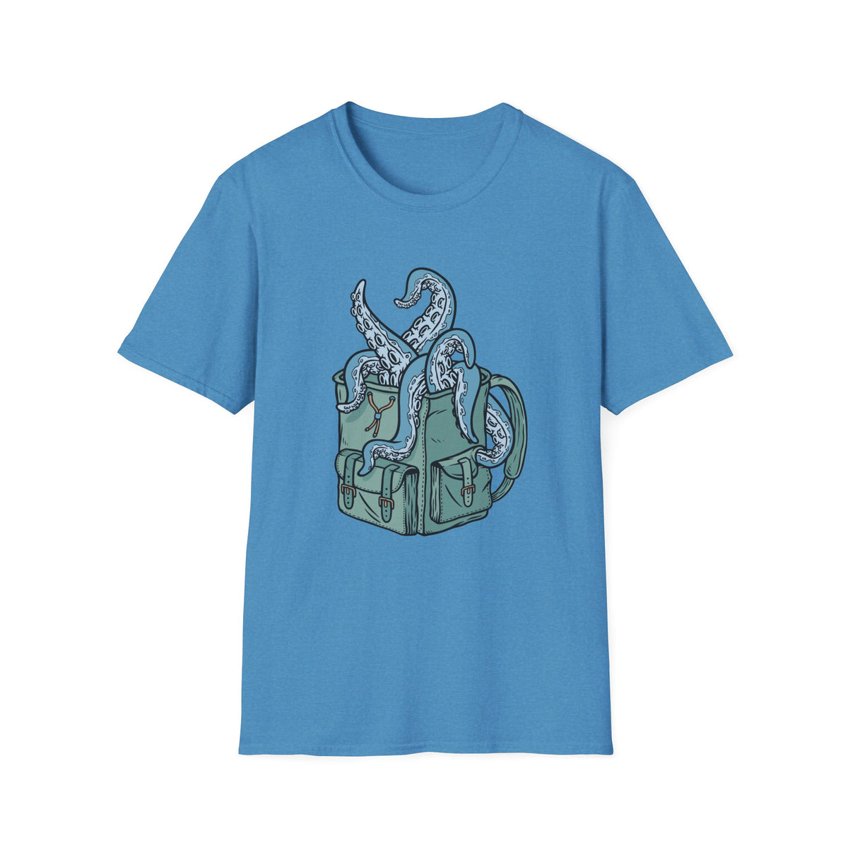 'Octopus Comes Out of the Bag' t-shirt in heather sapphire, flat lay front, funny camping gift idea