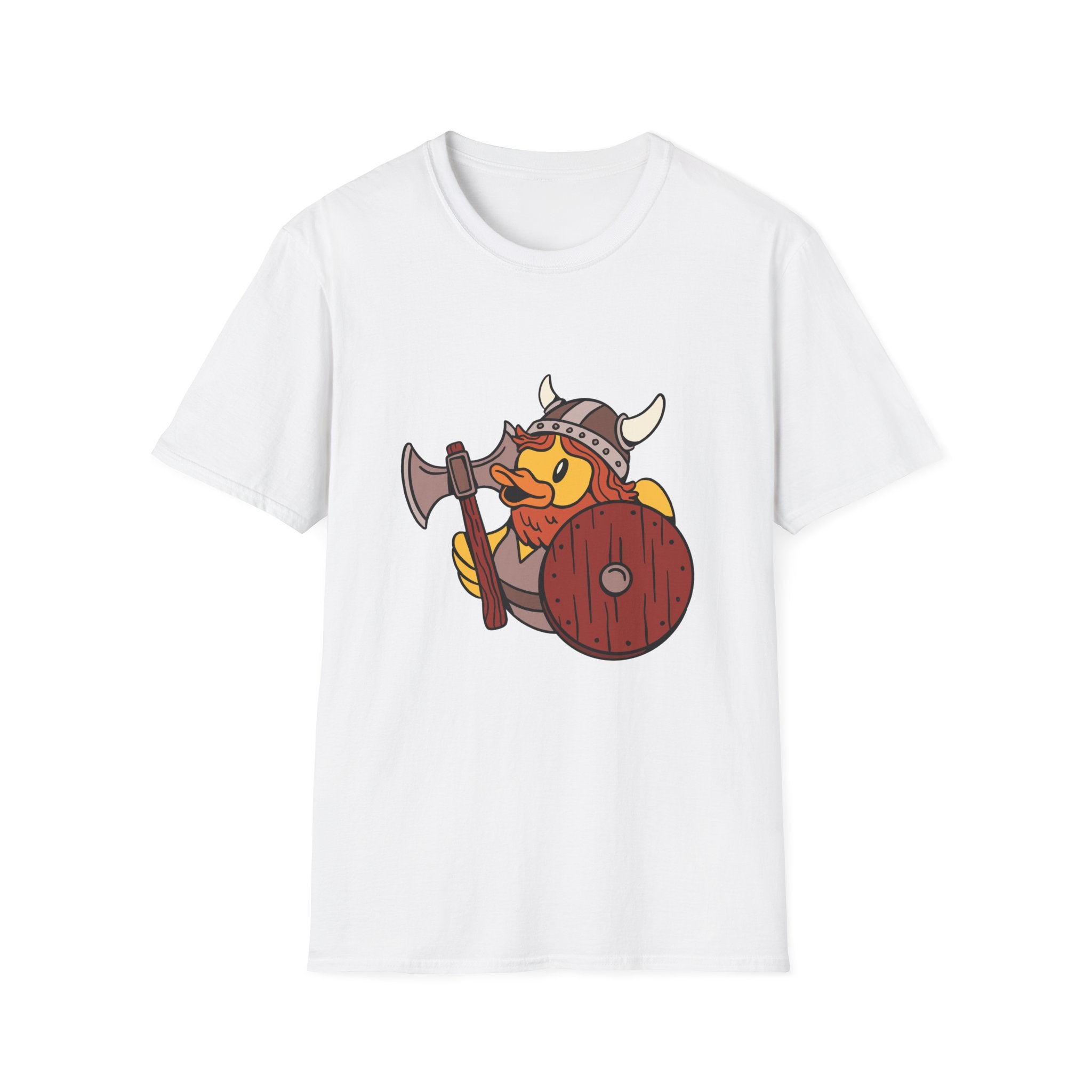 The Viking Duck T-Shirt showcases a cartoon duck decked out in full Viking gear, including an axe and shield, providing distinctive and fashionable designs that pay homage to the Viking era.