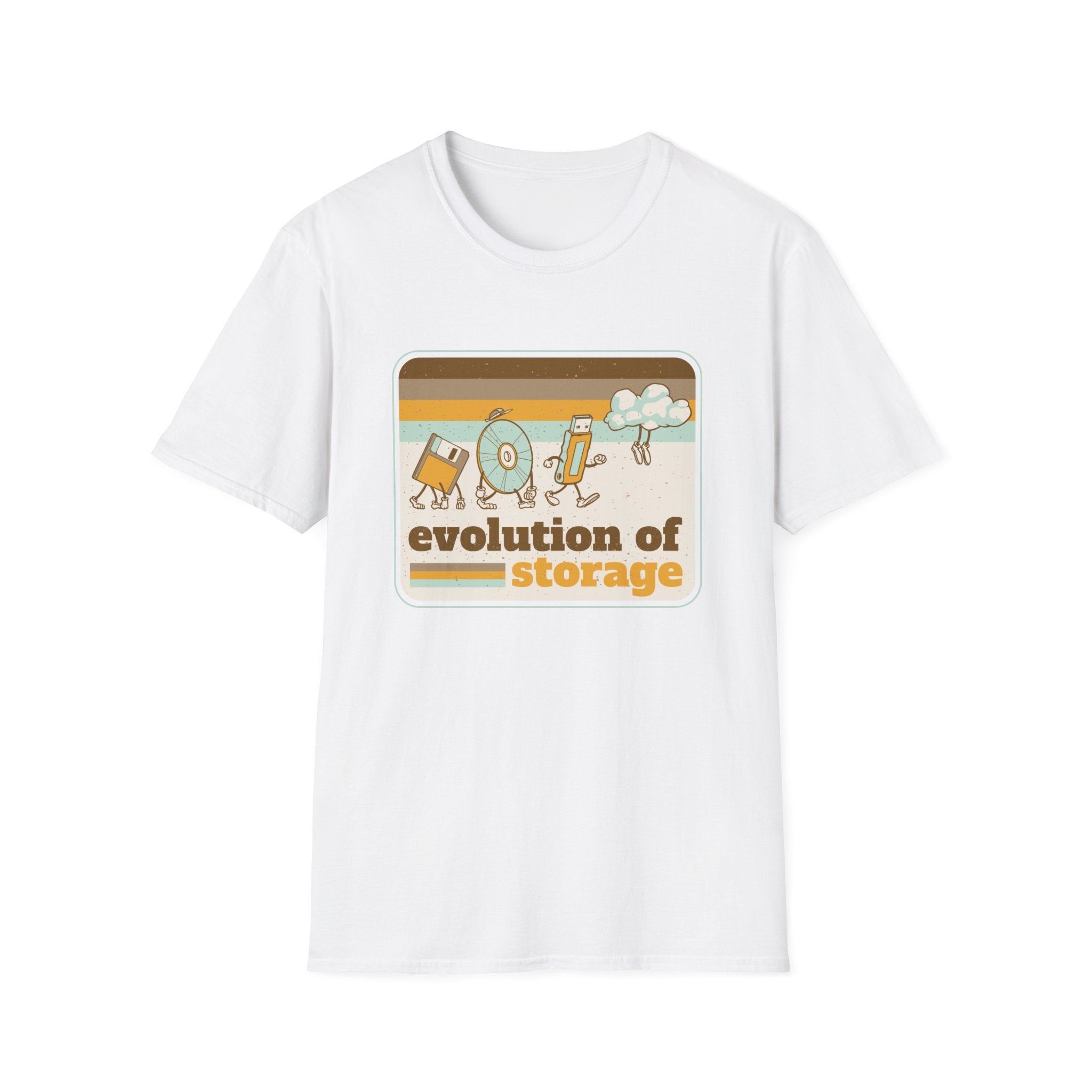 The "Evolution of Storage" T-shirt for tech enthusiasts showcases retro illustrations of floppy disks, CDs, USB drives, and cloud storage with the text "Evolution of Storage," celebrating nerd culture in style.