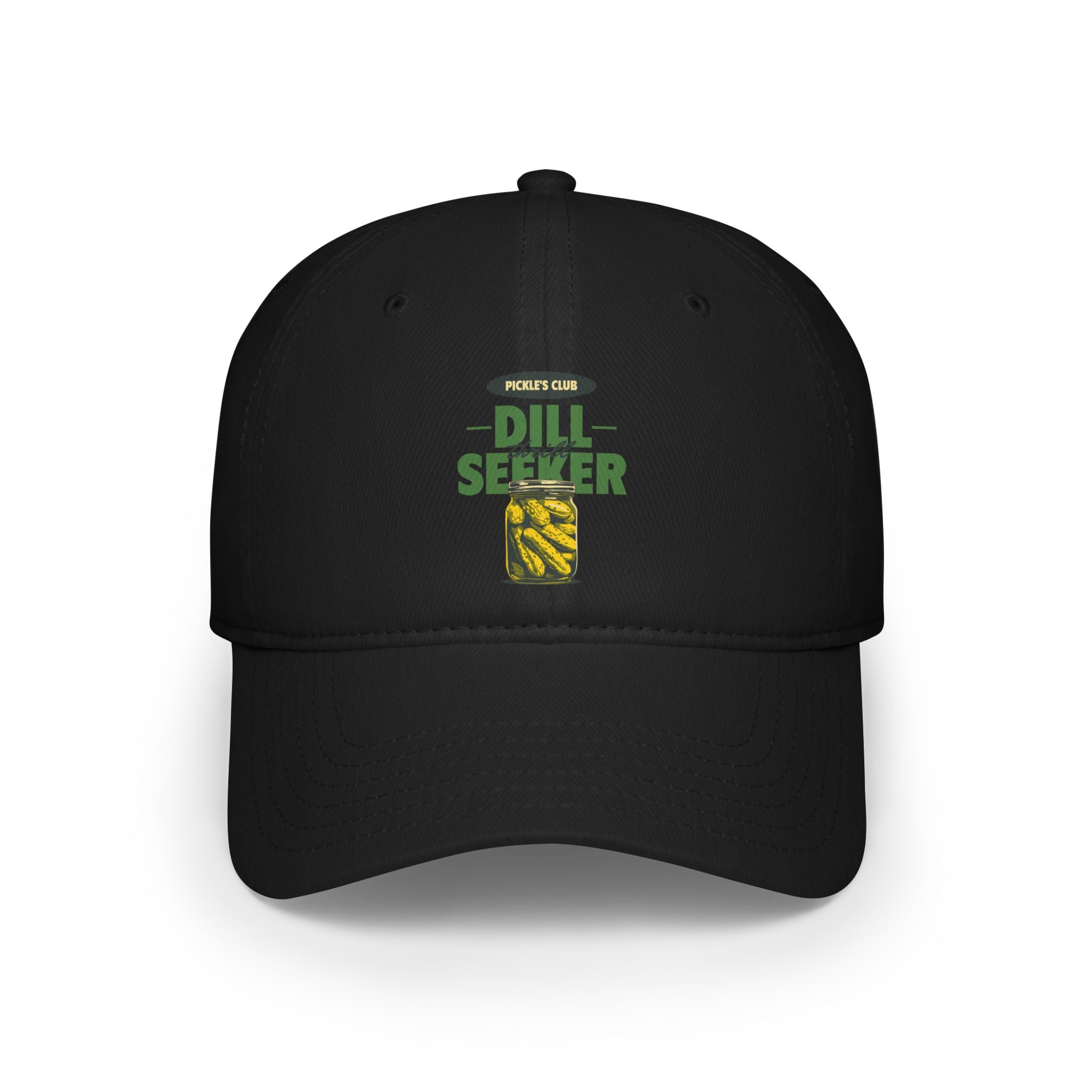 The "Dill Seeker- Hat" is a black baseball cap featuring the text "Pickle's Club DILL SEEKER" above an image of pickles, designed for cozy comfort with specially spun fibers.