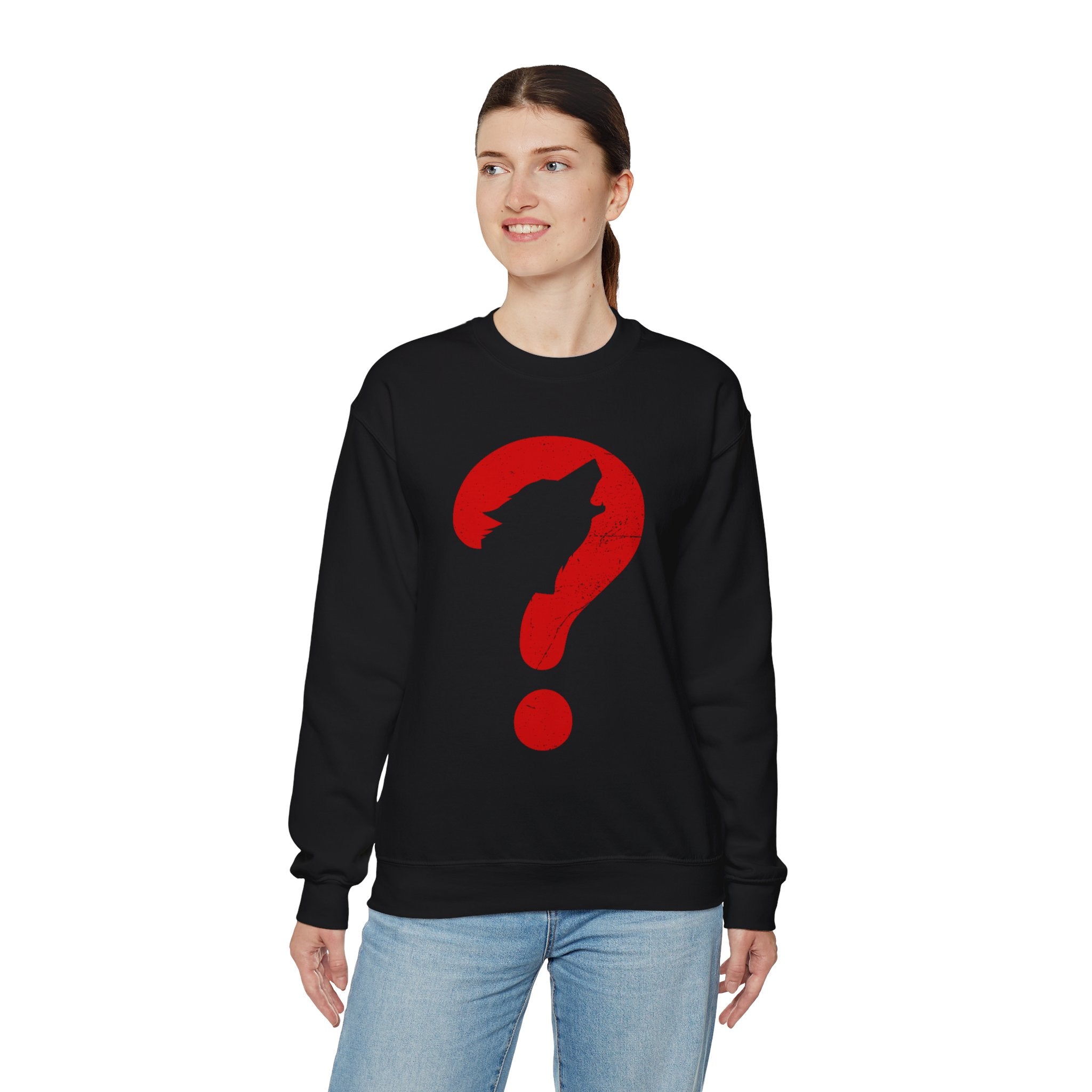 A person wearing the "Wolf" sweatshirt, a black geek top with a large red question mark and wolf silhouette on the chest, stands against a plain white background.