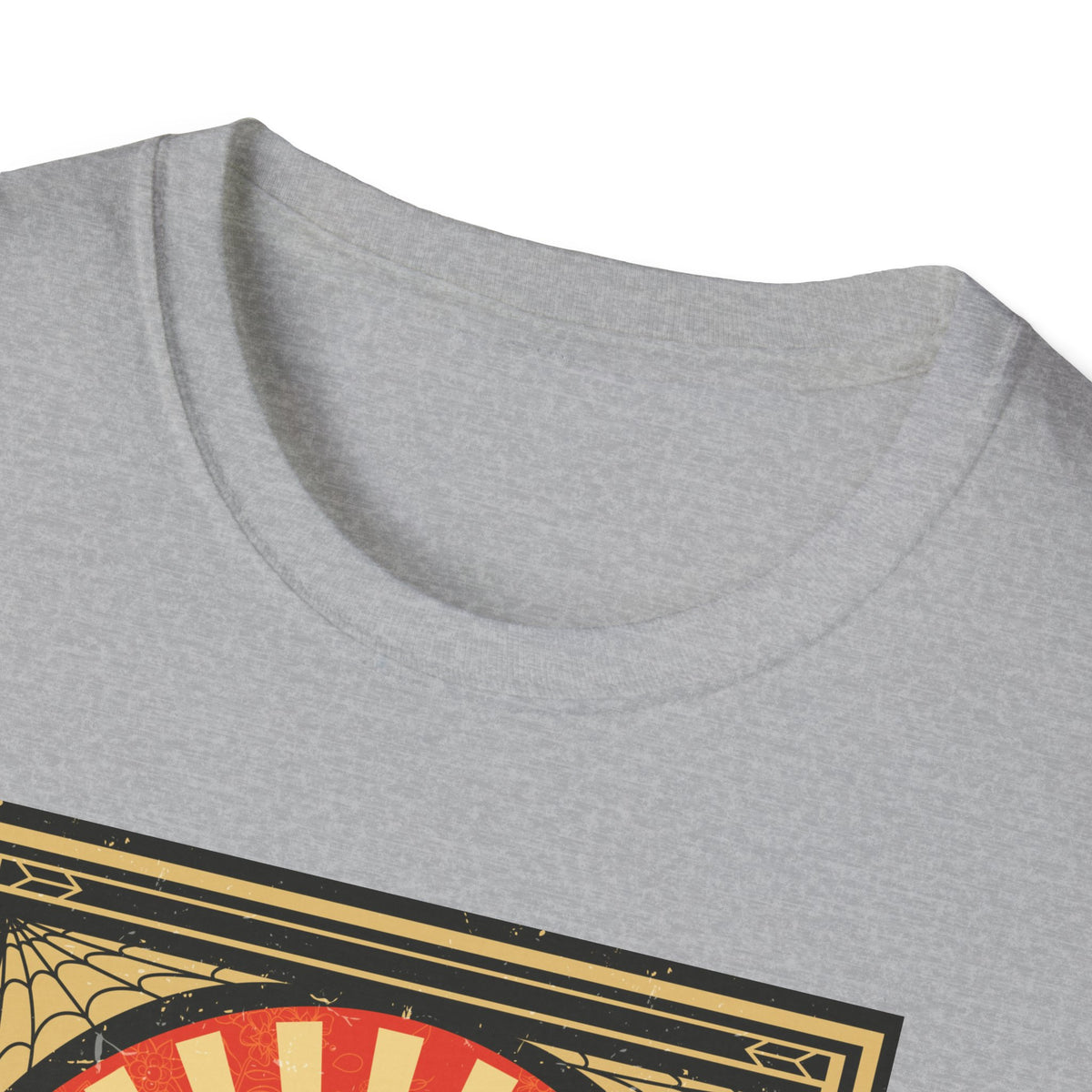 Close-up of 'Mexican Wrestler' t-shirt neckline in heather grey, funny lucha libre graphic tee detail
