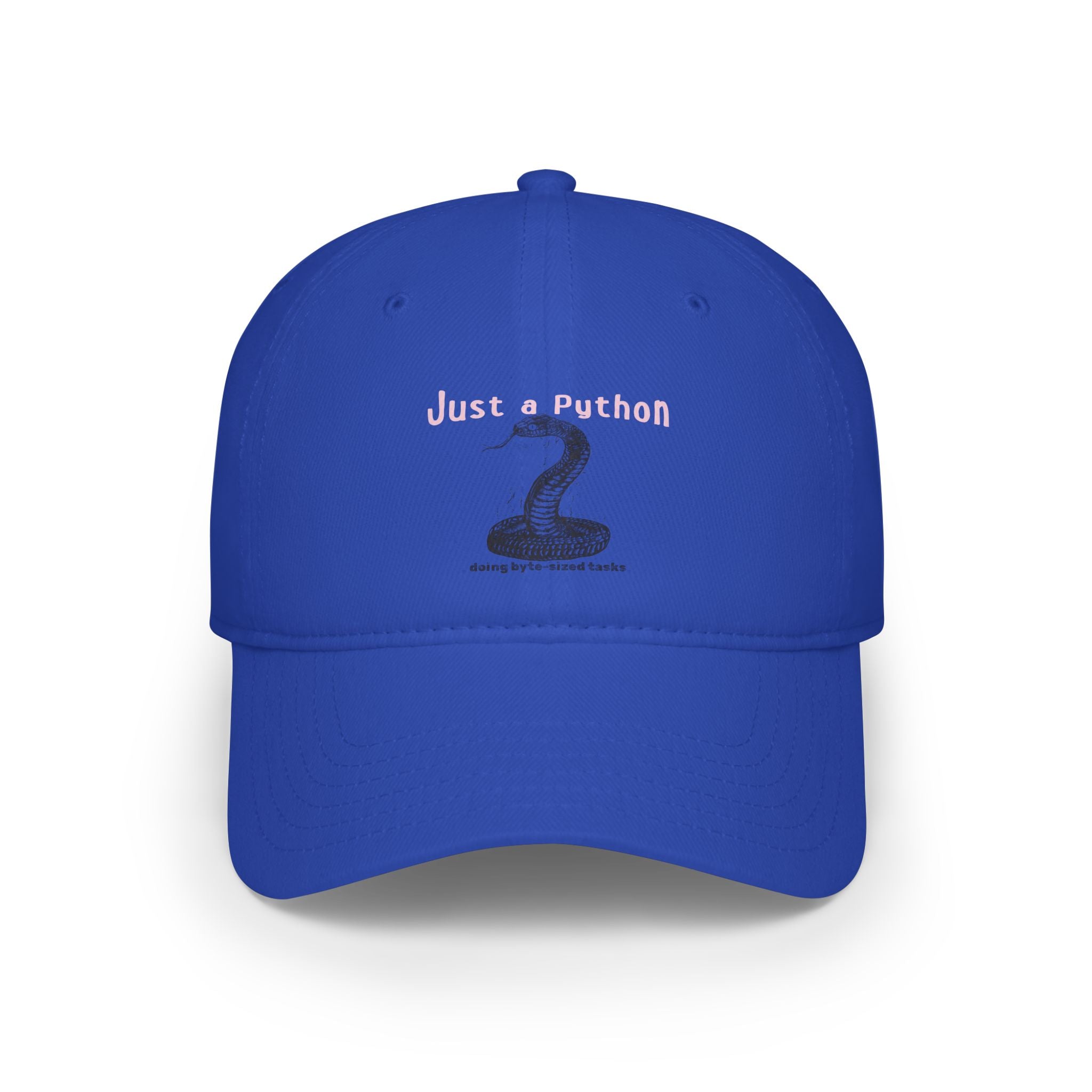 The "Just a Python - Hat" is a blue baseball cap with a python snake illustration and "Just a Python" text—ideal for fans of nerdy fashion and subtle pop culture flair.