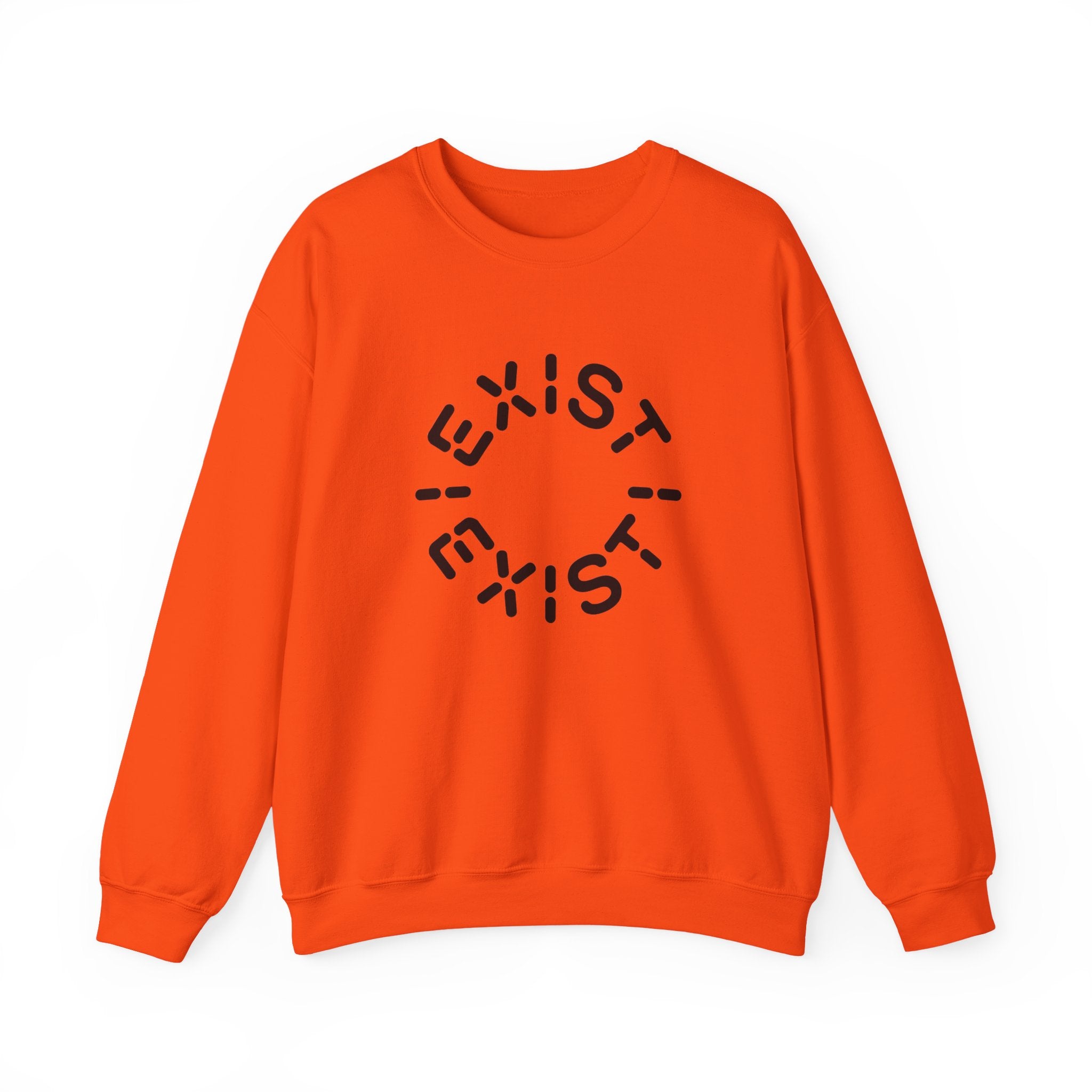 The Exist Exist - Sweatshirt is an orange crewneck featuring "EXIST" printed three times in a circular black pattern—an eco-friendly style choice ideal for space enthusiasts.