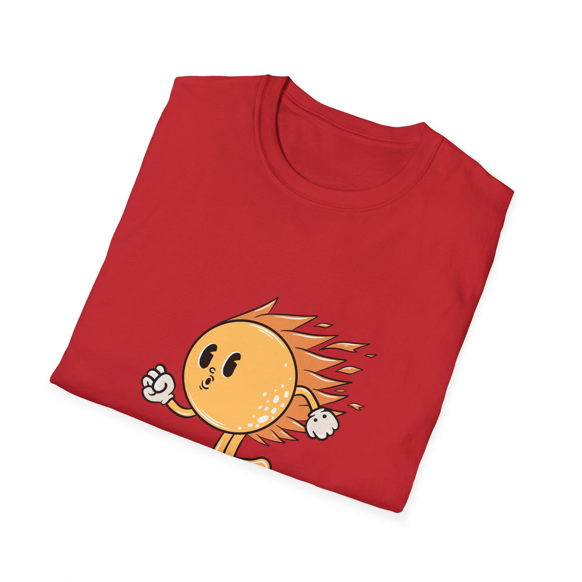 Hot Sun Cartoon skateboarding t-shirt in red, folded flat lay showing print, funny summer gift