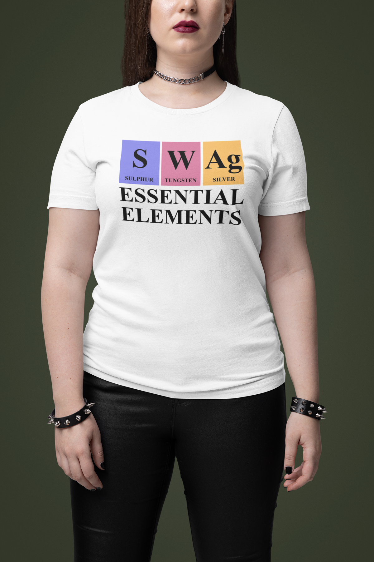 'SWAg, Essential Elements' periodic table t-shirt in white, woman with choker wearing it, funny science pun tee
