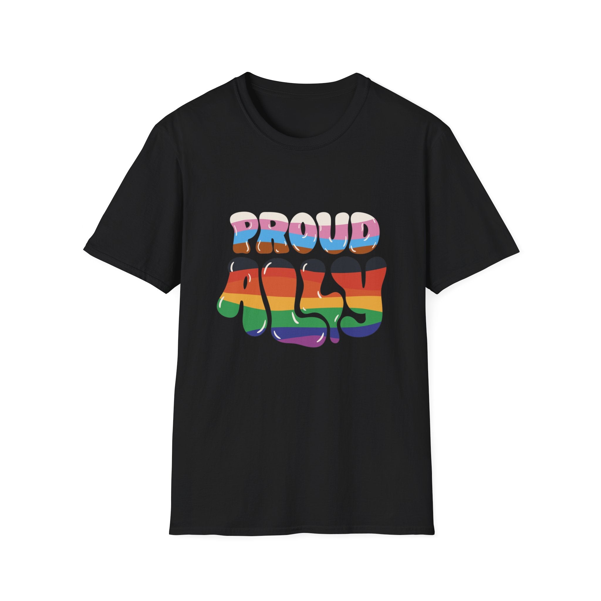 Proud Ally T-Shirt: Black tee with "Proud Ally" in rainbow text, ideal for tech whizzes and pop culture enthusiasts to show their support.