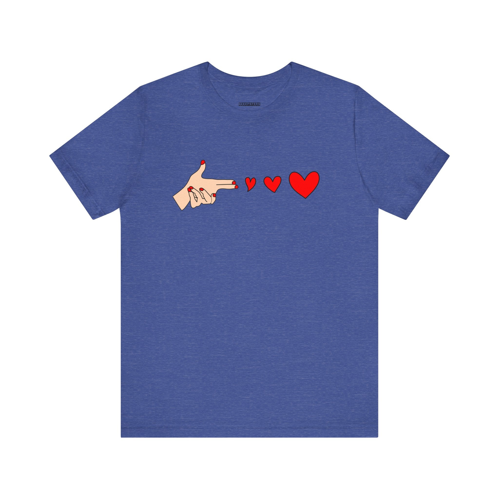 The Bang Bang T-Shirt is ultra-soft and blue, showcasing a bold graphic of a hand making a finger gun gesture, accented with three red hearts.