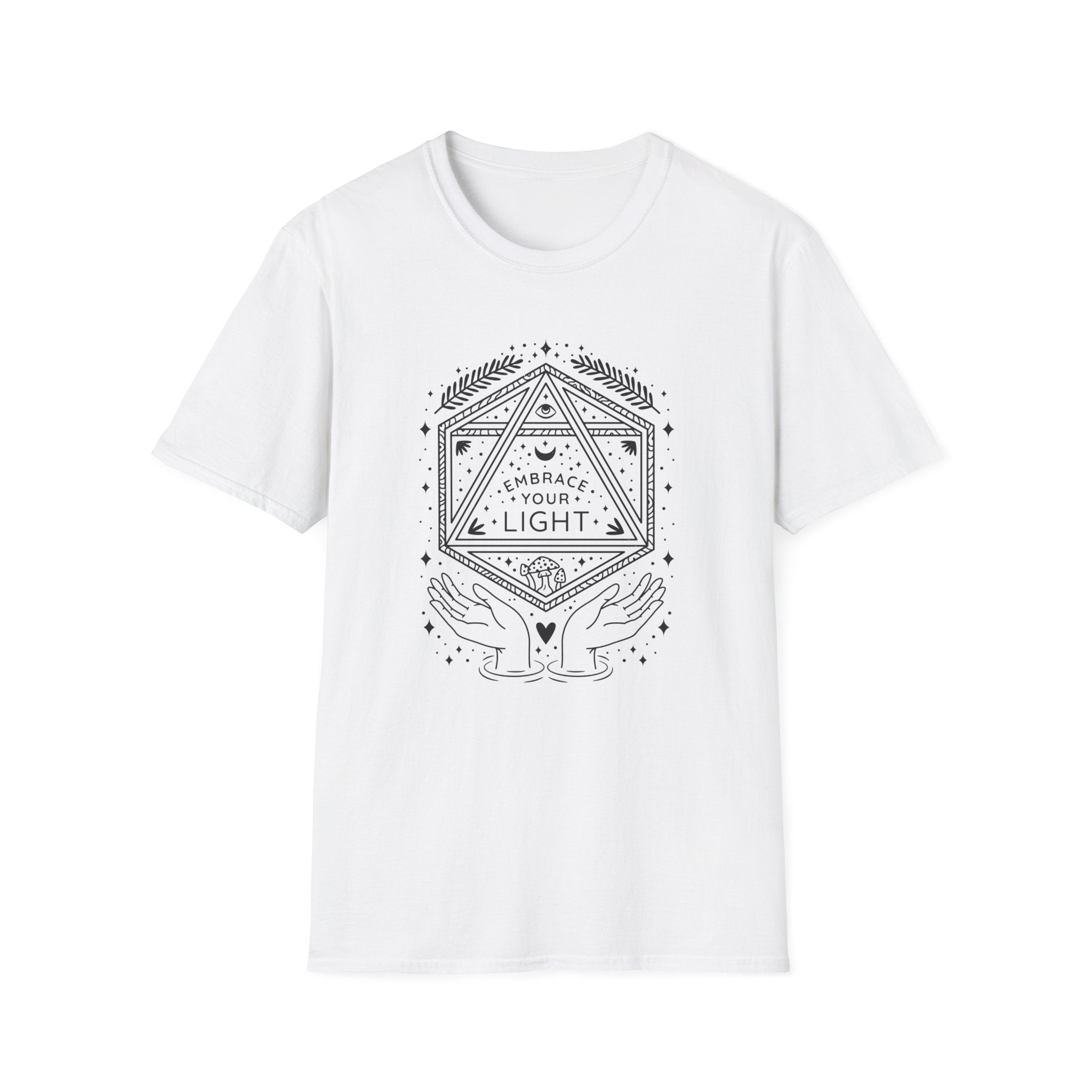 The "Embrace Your Light" T-Shirt is a white tee with a black geometric design, including a triangle and two hands, perfect for comic cons. It features central text that reads "Embrace Your Light," surrounded by stars and decorative elements, making it the ultimate Geek T-Shirt.