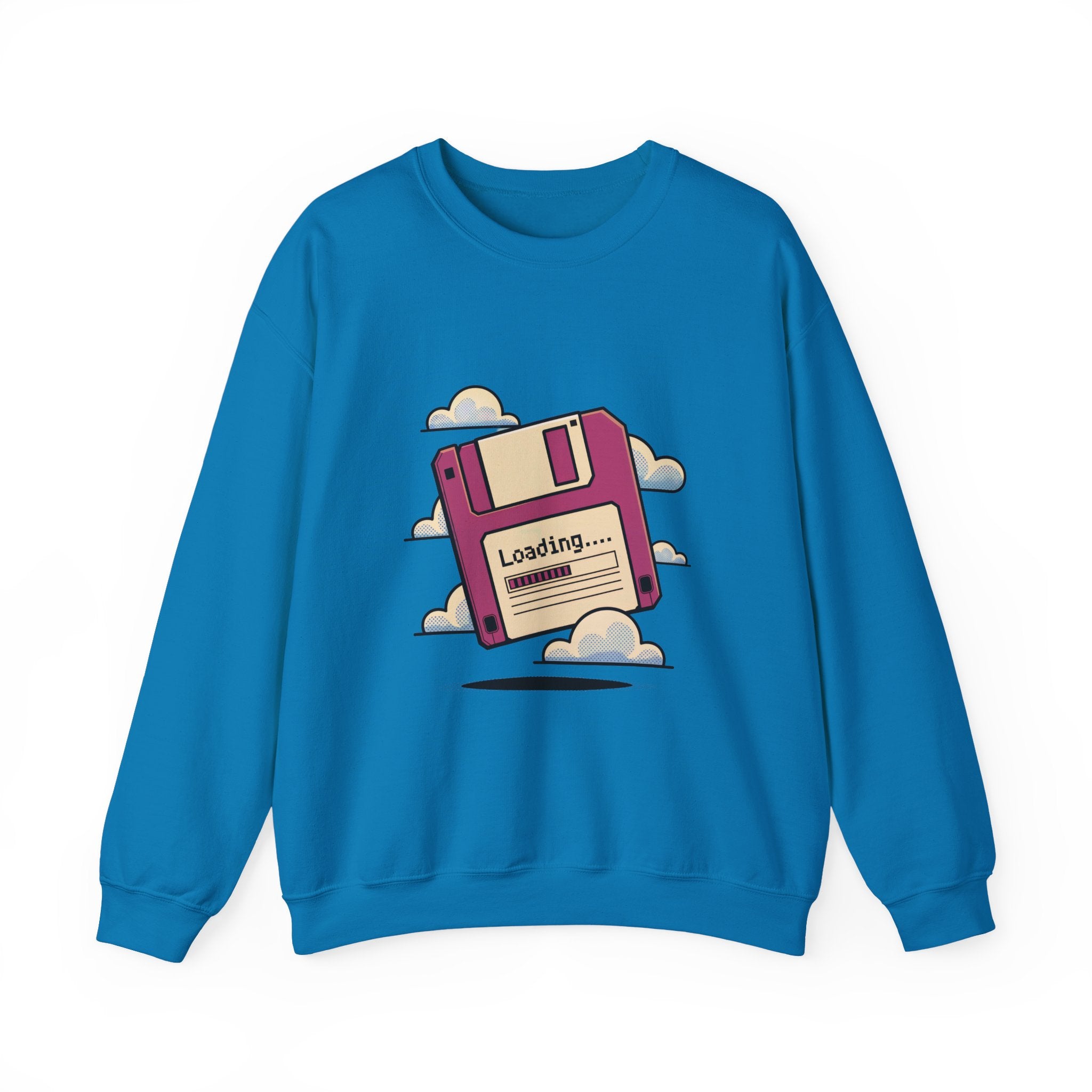 Show off your geek style with the Floppy disk - Sweatshirt—made from blue heavyweight cotton, it features a pink floppy disk among clouds and the word "Loading...". Perfect for sci-fi fans and tech lovers.