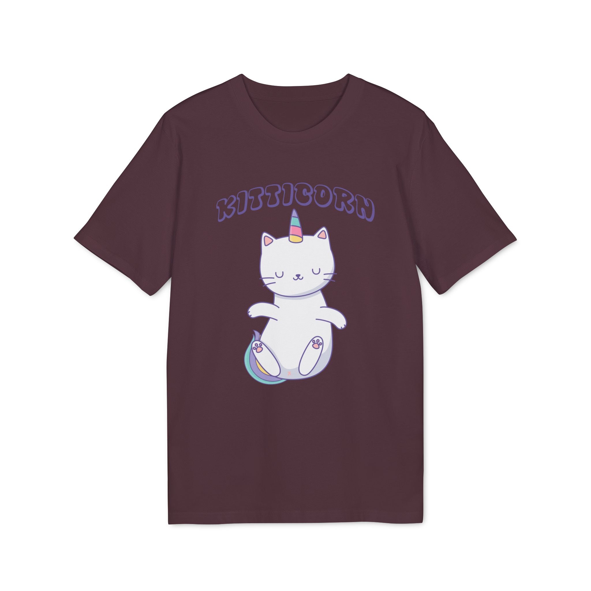 The Organic T-Shirt - Kitticorn Design features a maroon shirt with a white cartoon cat-unicorn, rainbow tail, and “Kitticorn” in purple—perfect as a cute and unique gift for cat lovers.