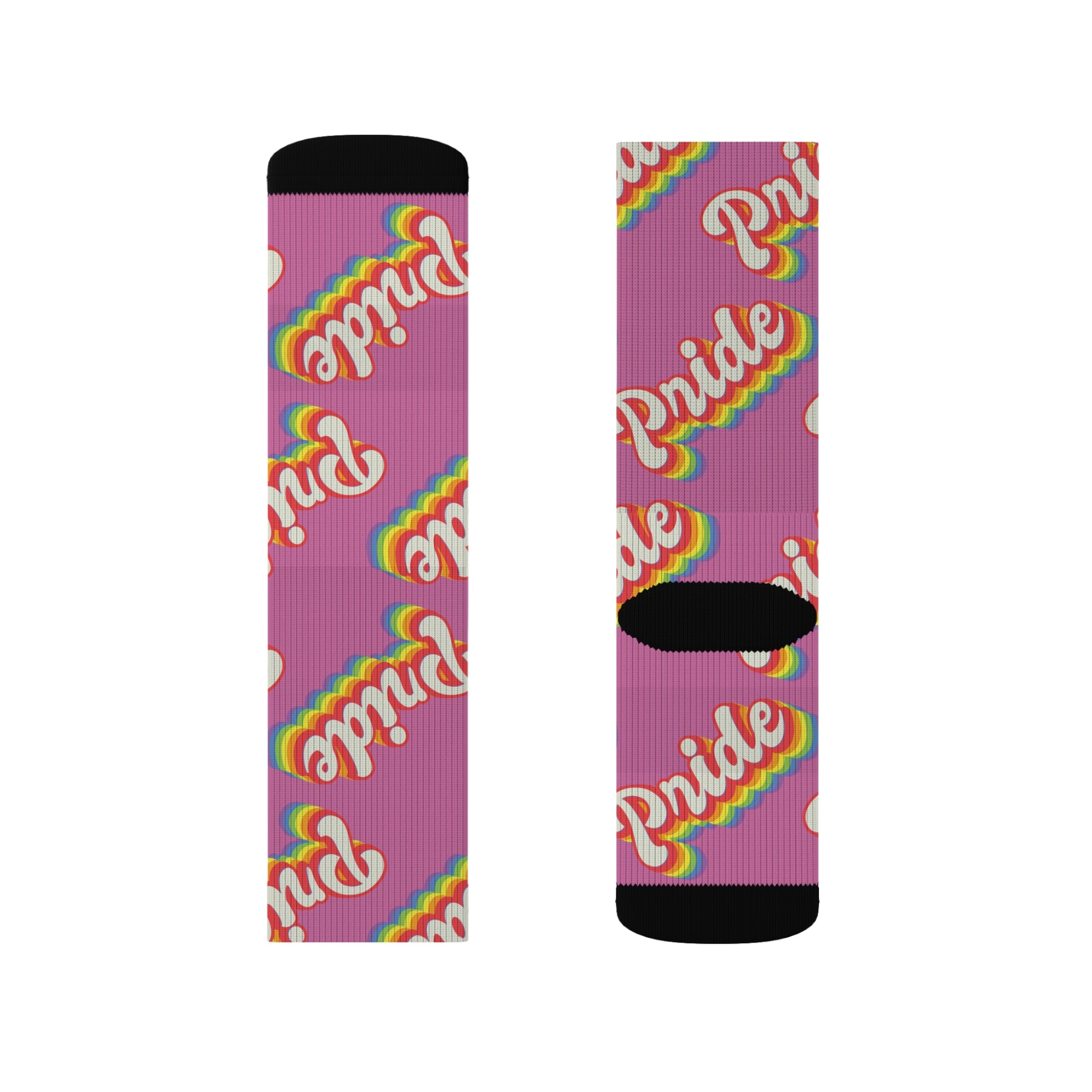 The Pride Socks are a pair of high-quality purple socks adorned with the word "Pride" in white, outlined with rainbow colors, repeating across the fabric. They feature black accents on the toe and heel for a stylish contrast, while cushioned bottoms ensure maximum comfort.