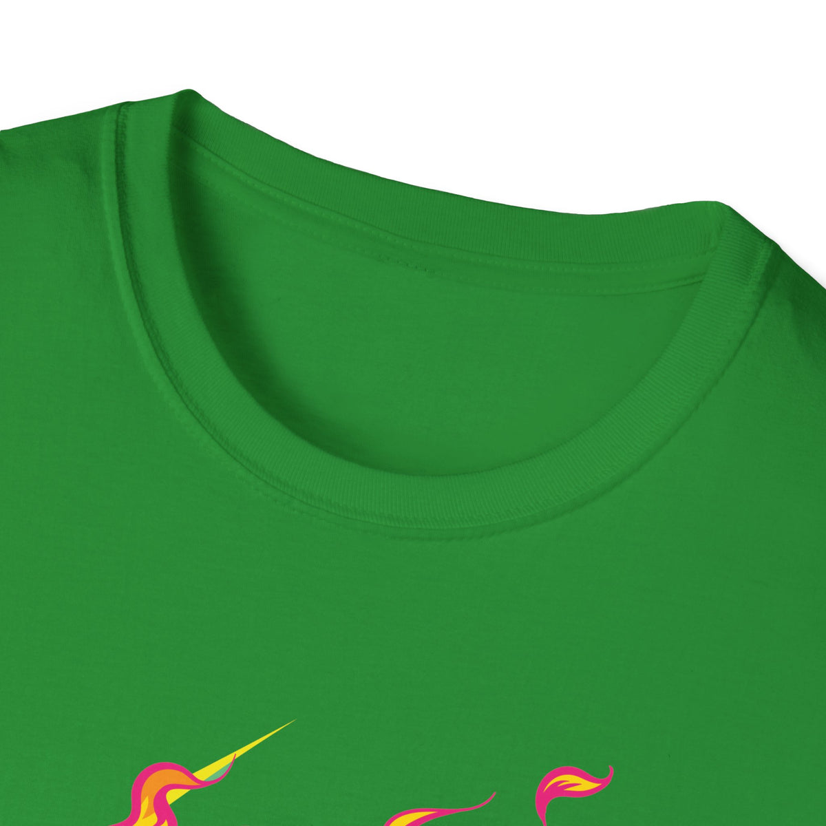 Close-up of 'Skull in Flames' t-shirt neckline in green with flame print peeking at hem, funny gothic tee