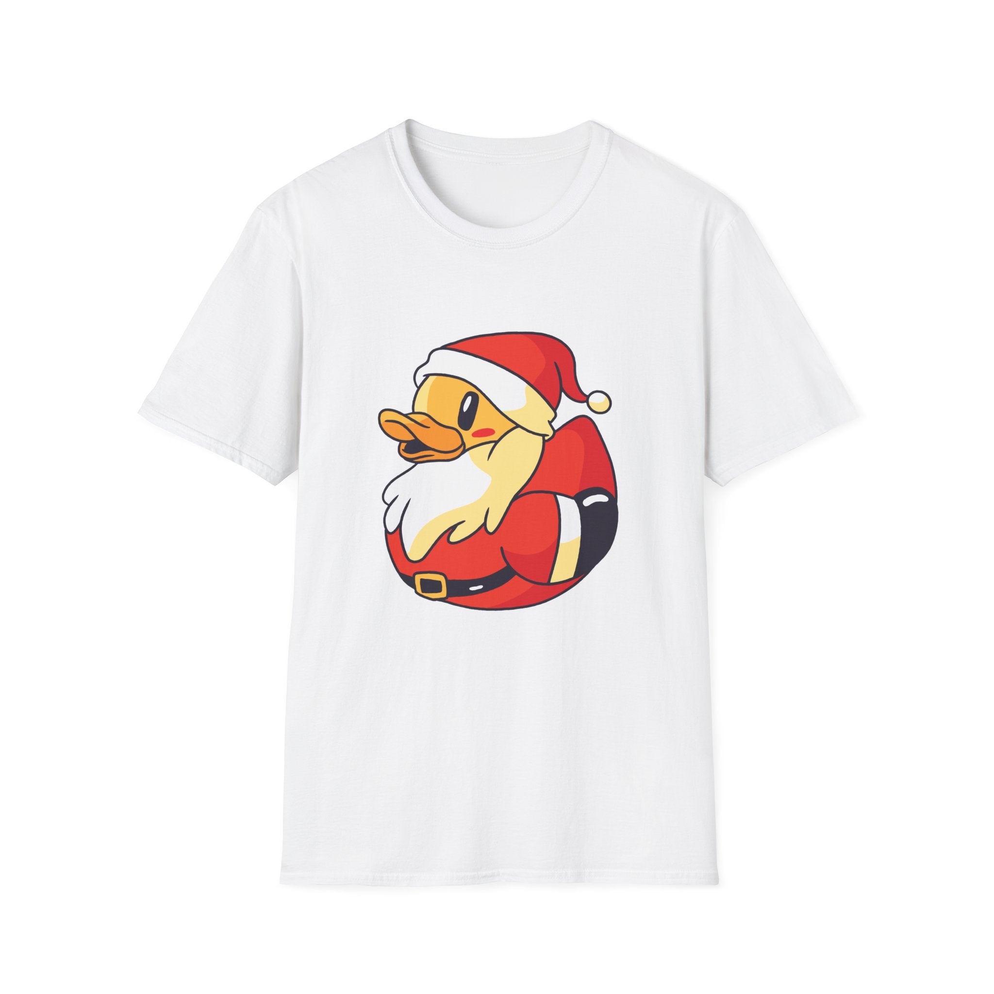 Santa Duck T-Shirt features a cartoon duck dressed as Santa with a red suit, hat, and white beard—ideal for geeky celebrations.