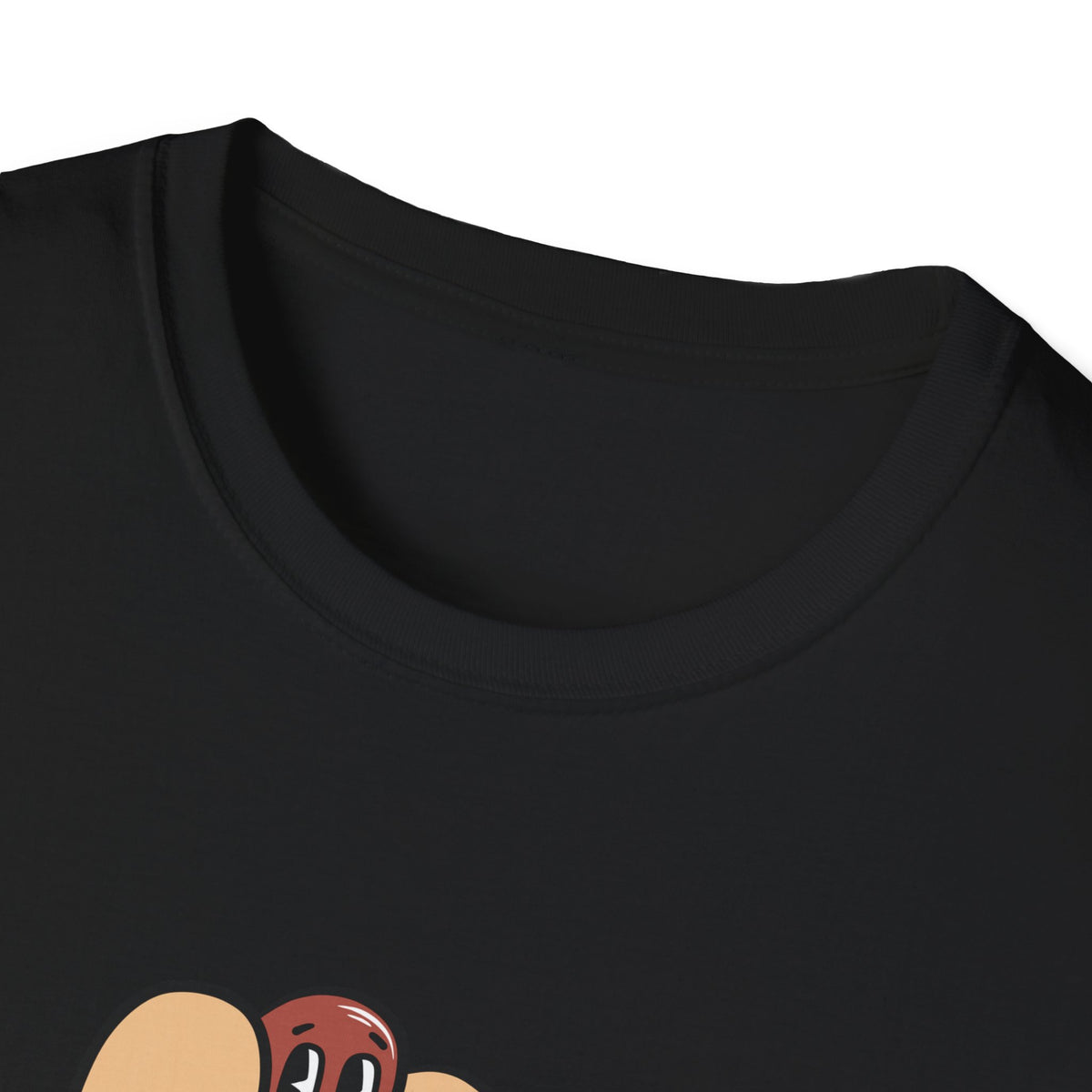 Close-up of Hotdog Cartoon print on black t-shirt collar, funny cartoon food graphic detail