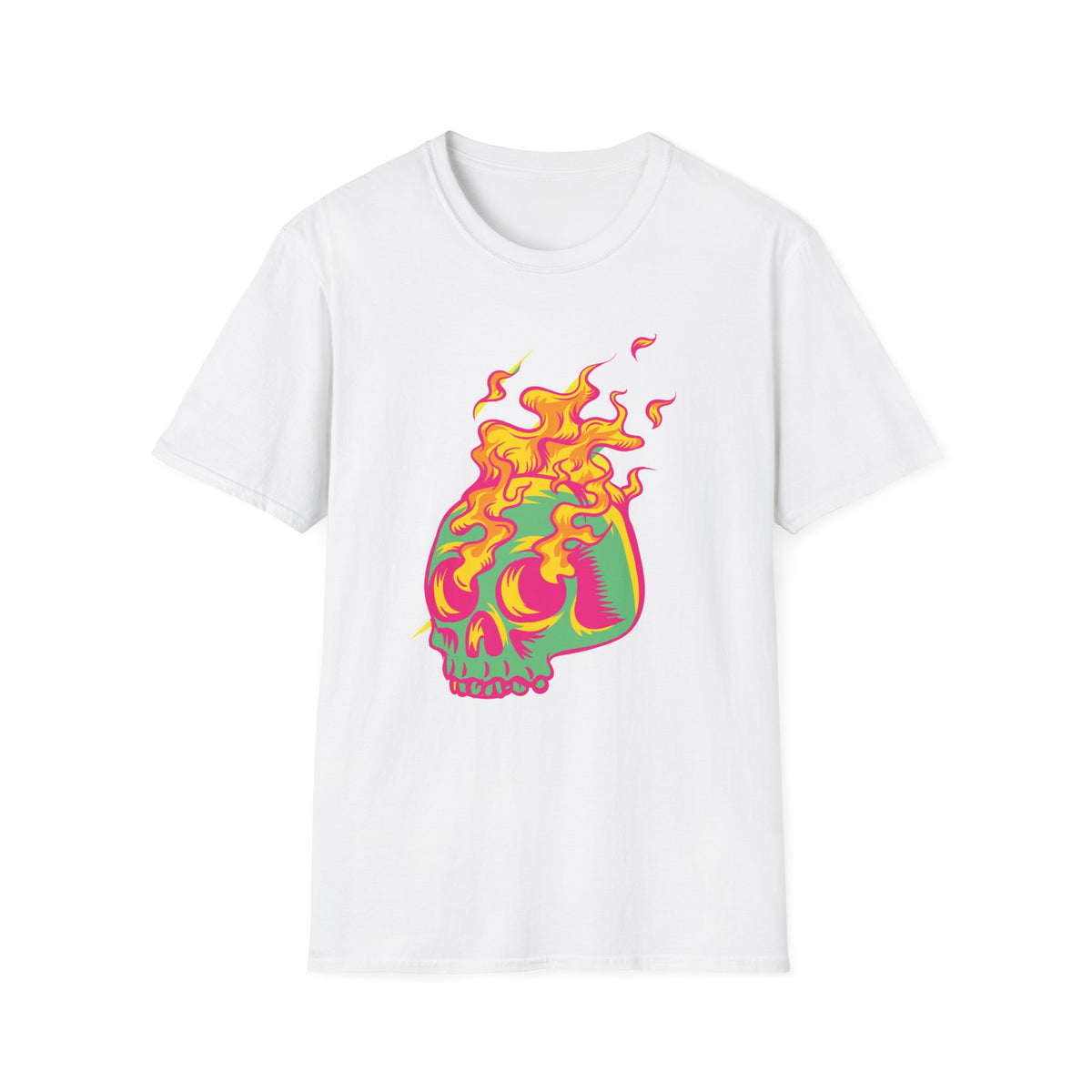 'Skull in Flames' psychedelic skull t-shirt in white, flat lay front print visible, funny gothic pop art shirt