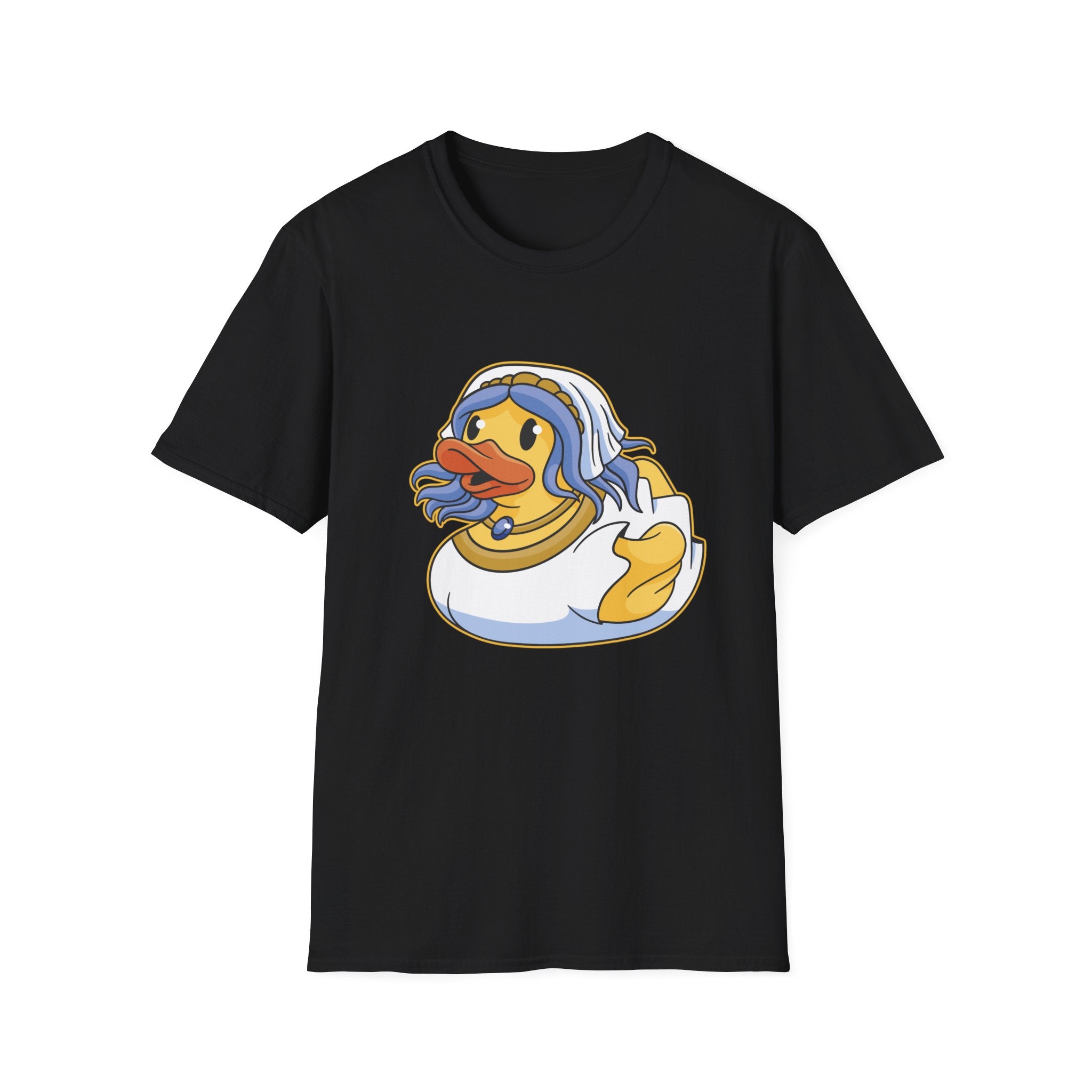 Black Lady Duck T-Shirt, showcasing a Lady Duck dressed in a historical blue and white costume for a truly unique quack look.