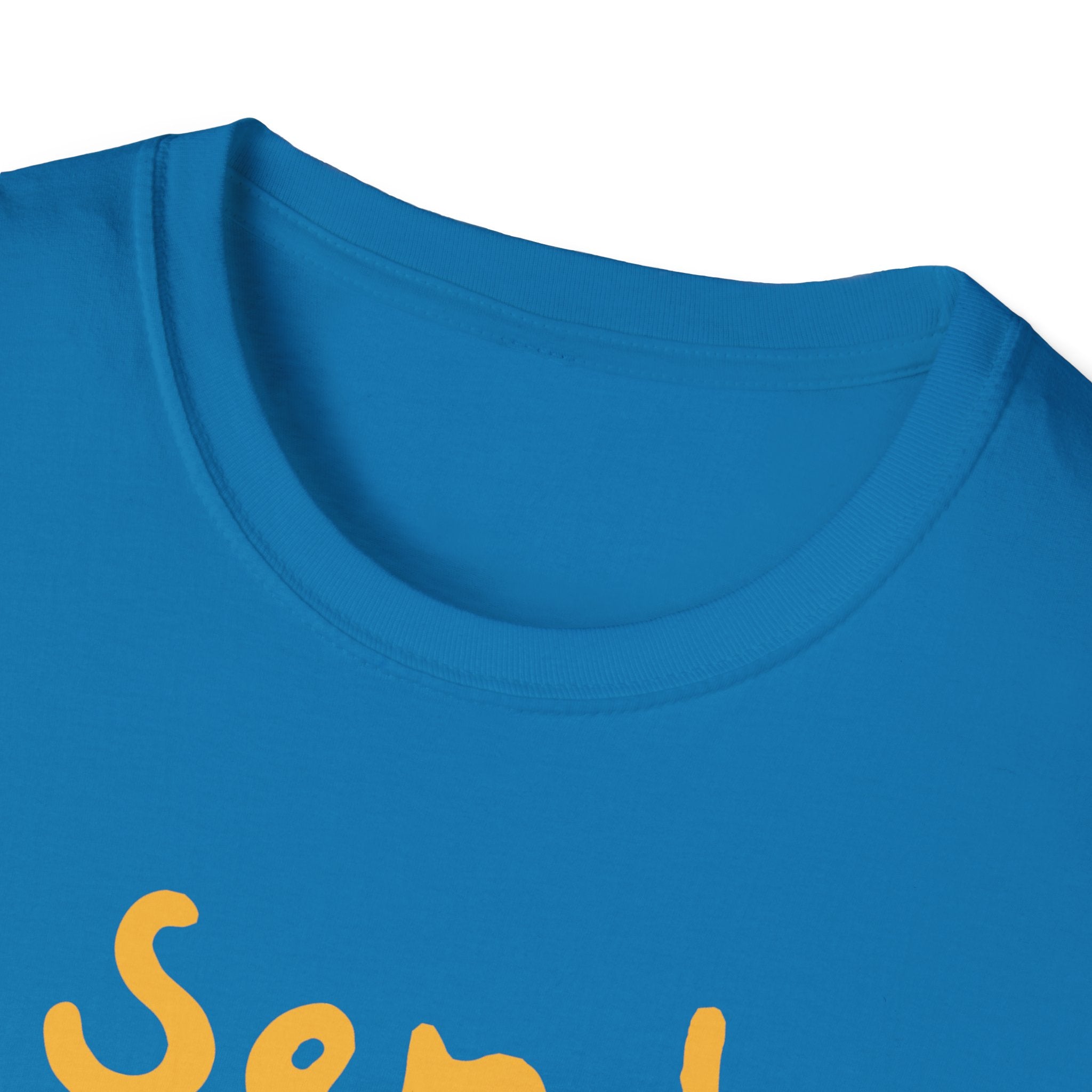 Close-up of the trendy Send Noods T-Shirt, highlighting a portion of the humorous phrase printed in bold yellow text.