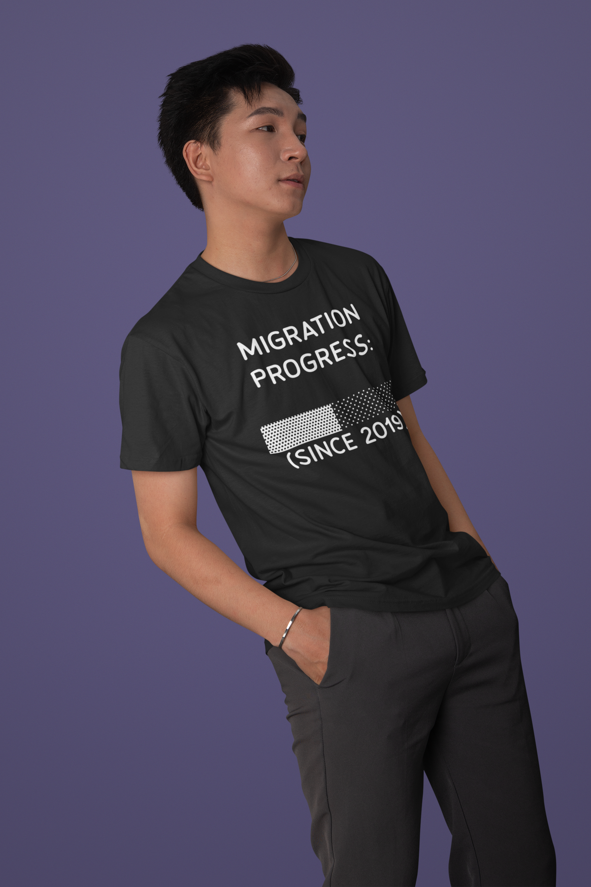'Migration Progress: (Since 2019)' t-shirt in black, man posing against a purple backdrop, funny it gift