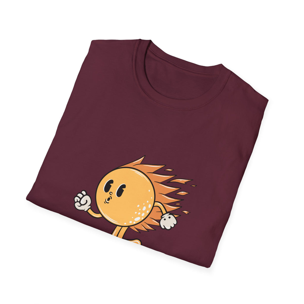Hot Sun Cartoon skateboarding t-shirt in maroon, folded flat lay showing print, funny summer gift