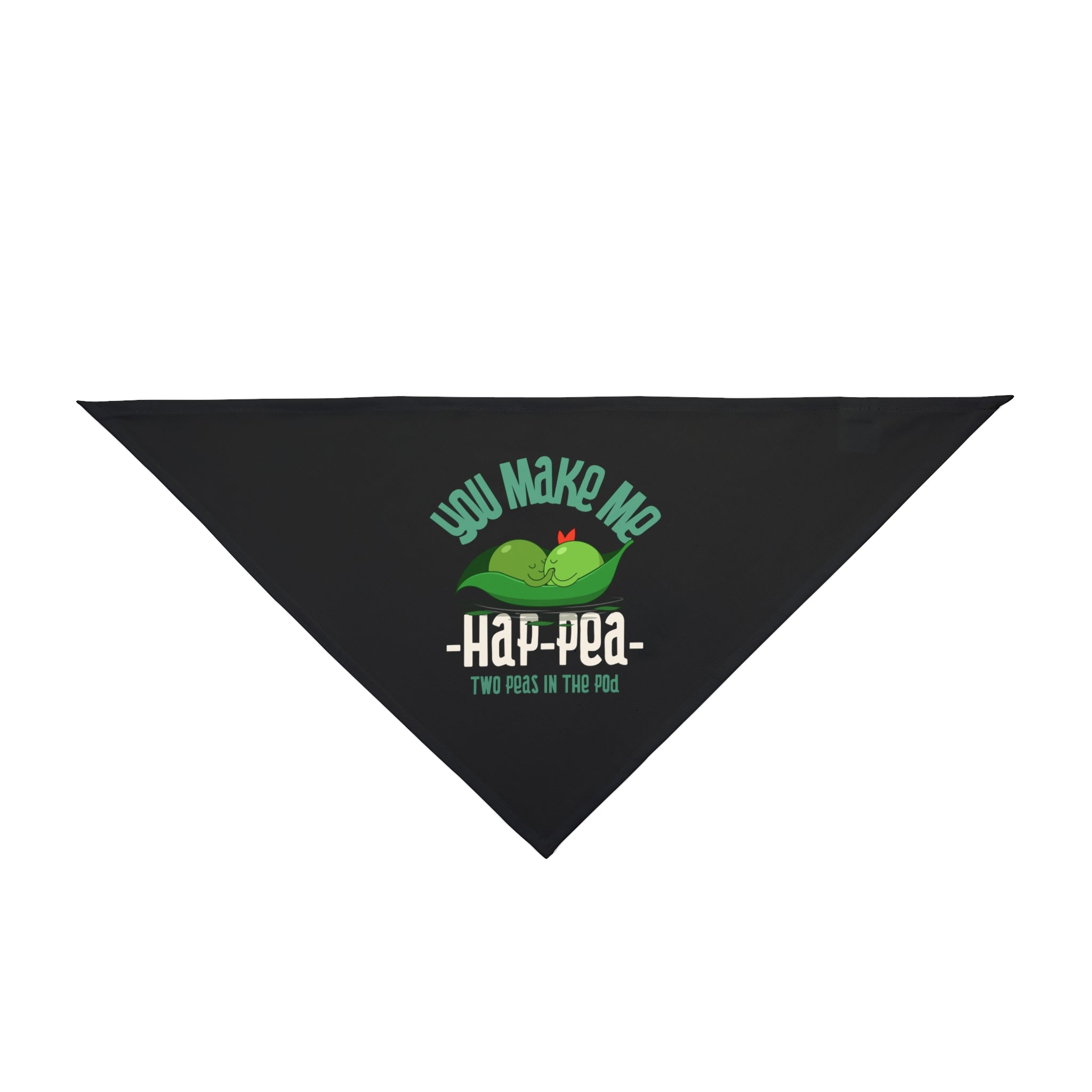 The "You Make Me Ha Pee - Pet Bandana" is a black triangle bandana with two peas in a pod and the text: "You make me hap-pea. Two peas in the pod." It’s a fun accessory to add charm to your pet’s look.