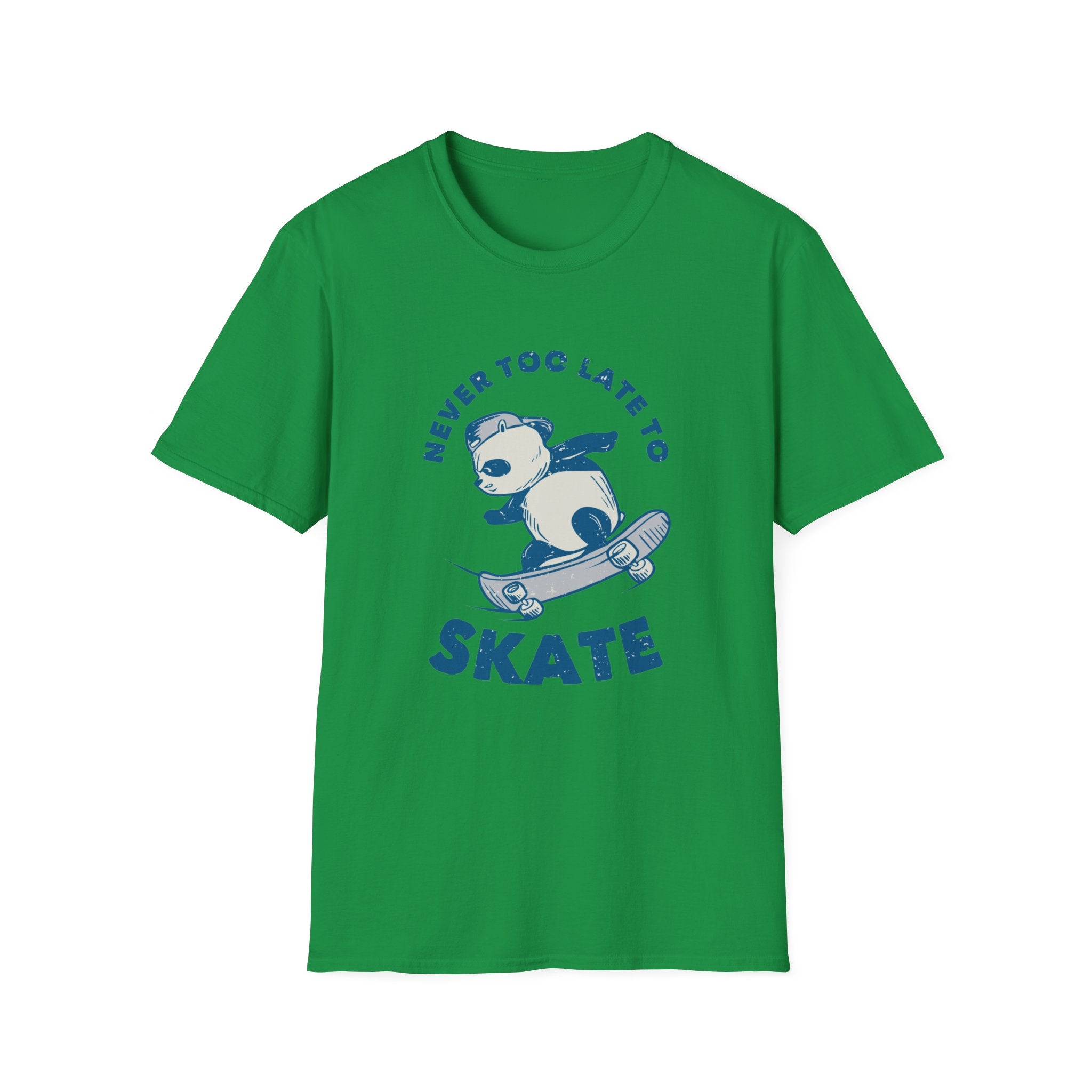 The "Never Too Late to Skate" T-shirt is a green top showcasing a cartoon bear on a skateboard, ideal for skating enthusiasts.