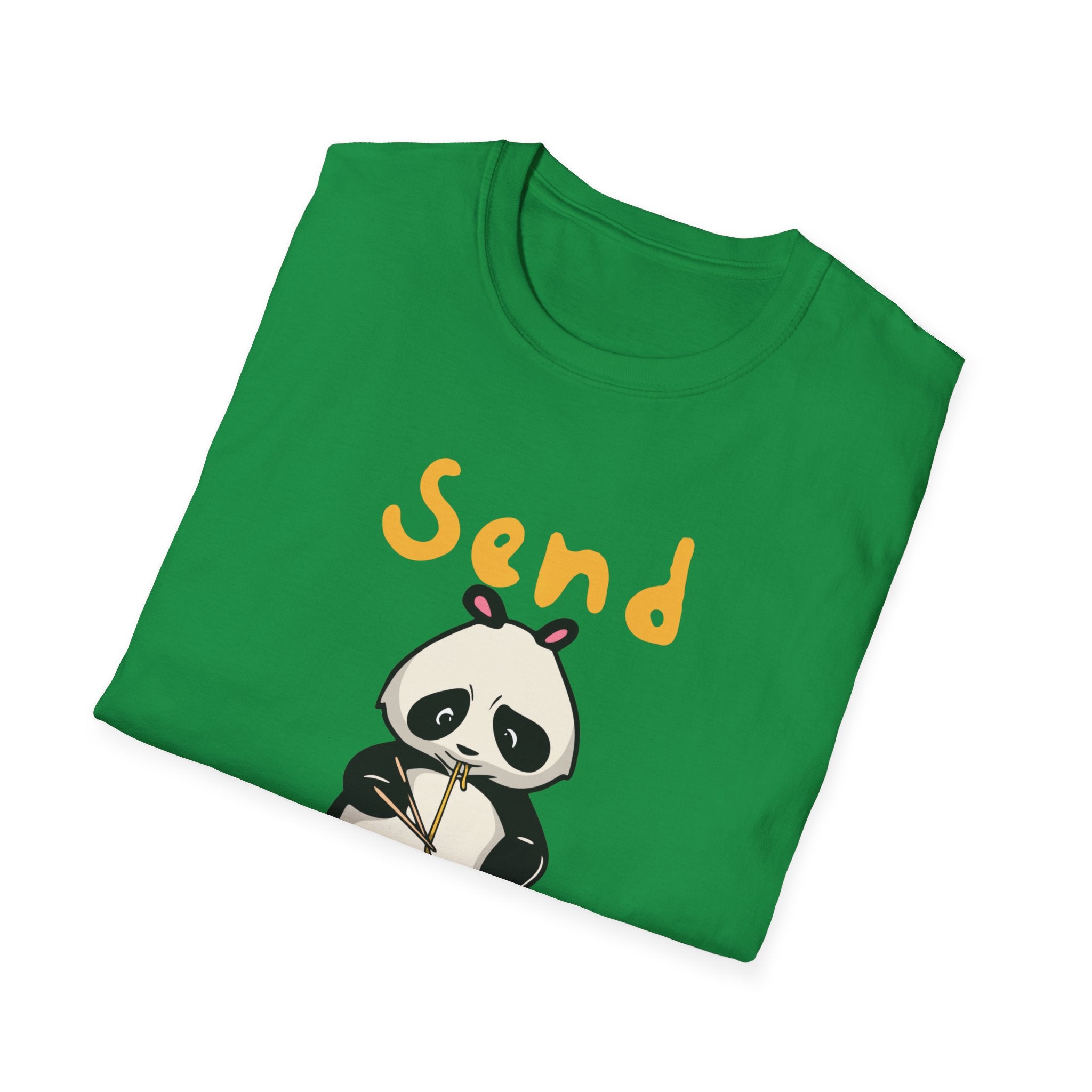 The Send Noods T-Shirt showcases a cartoon panda holding chopsticks, with the humorous phrase "Send Noods" printed above. Its trendy fit and comedic design make it an excellent conversation starter.