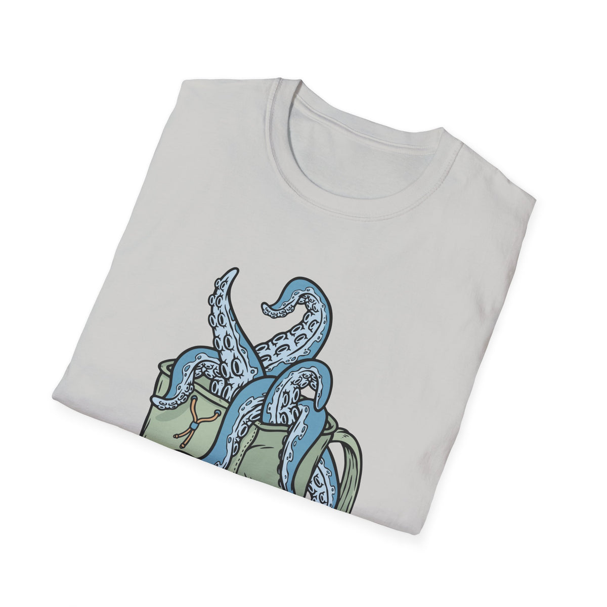 'Octopus Comes Out of the Bag' t-shirt in ice grey, folded flat lay, funny gift for backpackers