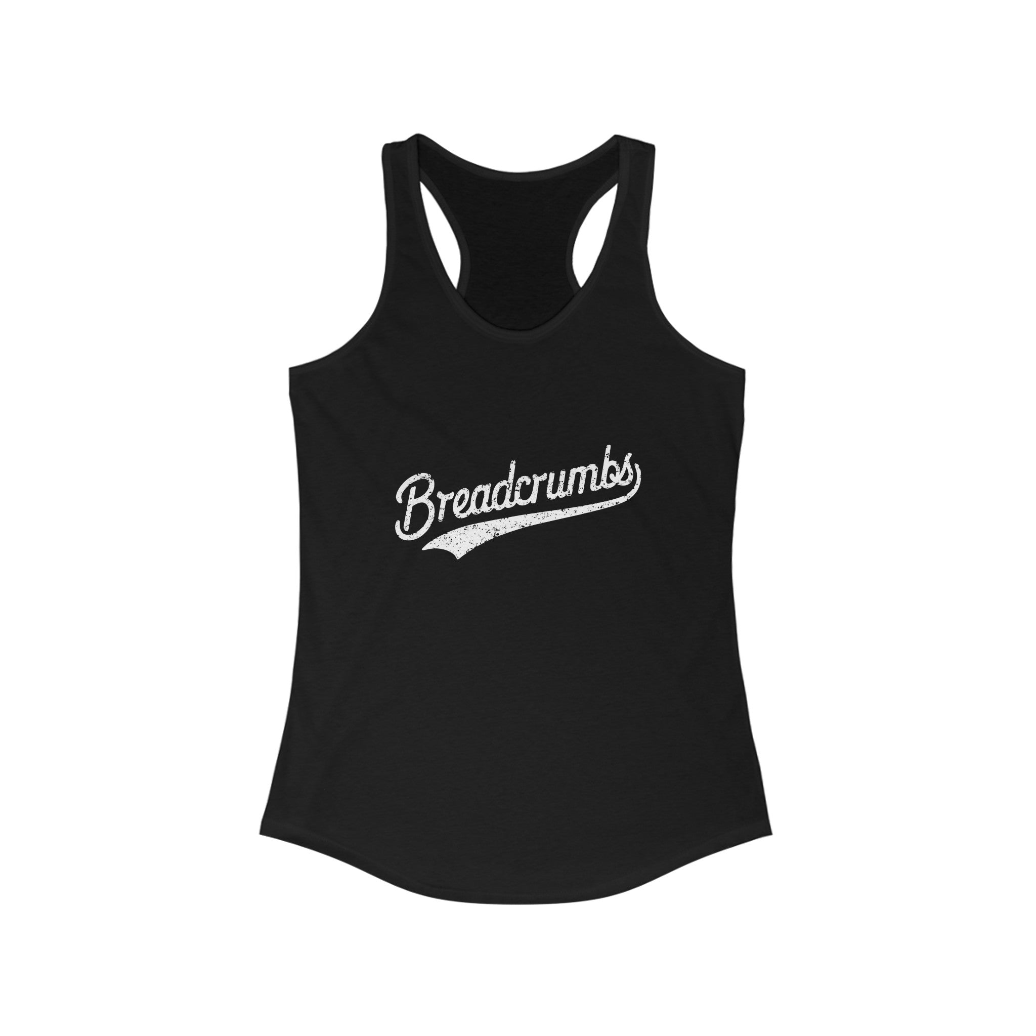 The Breadcrumbs - Women's Racerback Tank showcases the word "Breadcrumbs" in stylish white cursive text on a chic black racerback design, ideal for an active lifestyle.