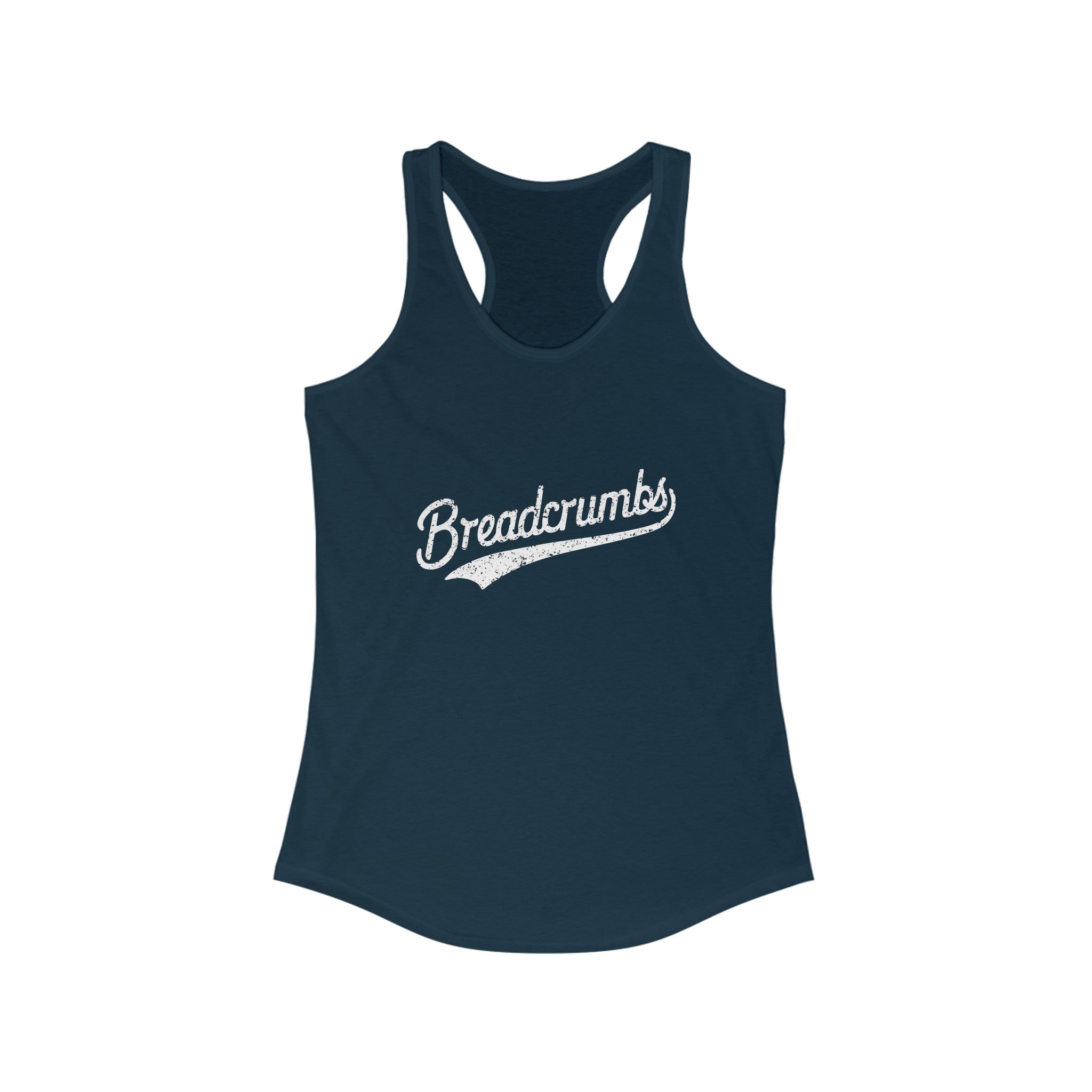 Introducing the Breadcrumbs - Women's Racerback Tank, a navy blue top adorned with the word "Breadcrumbs" in a white, cursive font across the chest. Designed for an active lifestyle, this stylish tank by Breadcrumbs Designs perfectly blends comfort and fashion.