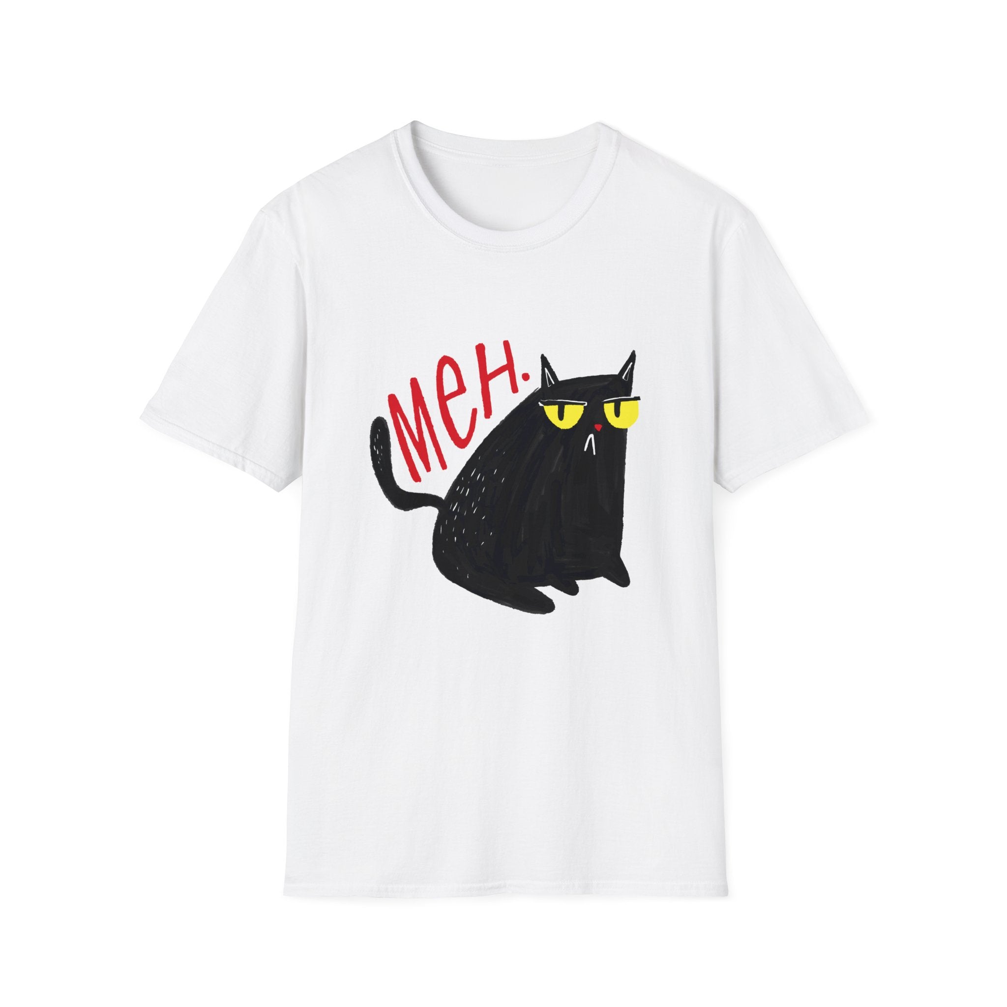 MEH Cat T-Shirt showcasing a cartoon black cat sporting yellow sunglasses with a perfectly depicted aloof expression, accompanied by the bold red text "MEH" above the uninterested feline.