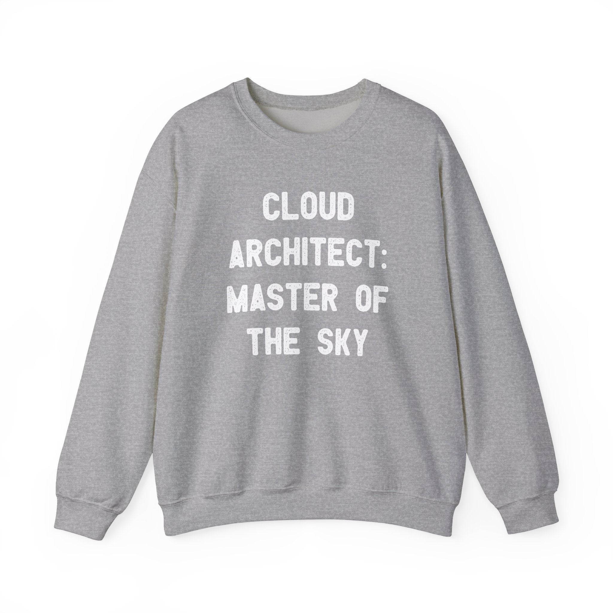 A sweatshirt in gray boasts a chic cloud design along with the elegant white text "Cloud Architect: Master of the Sky.