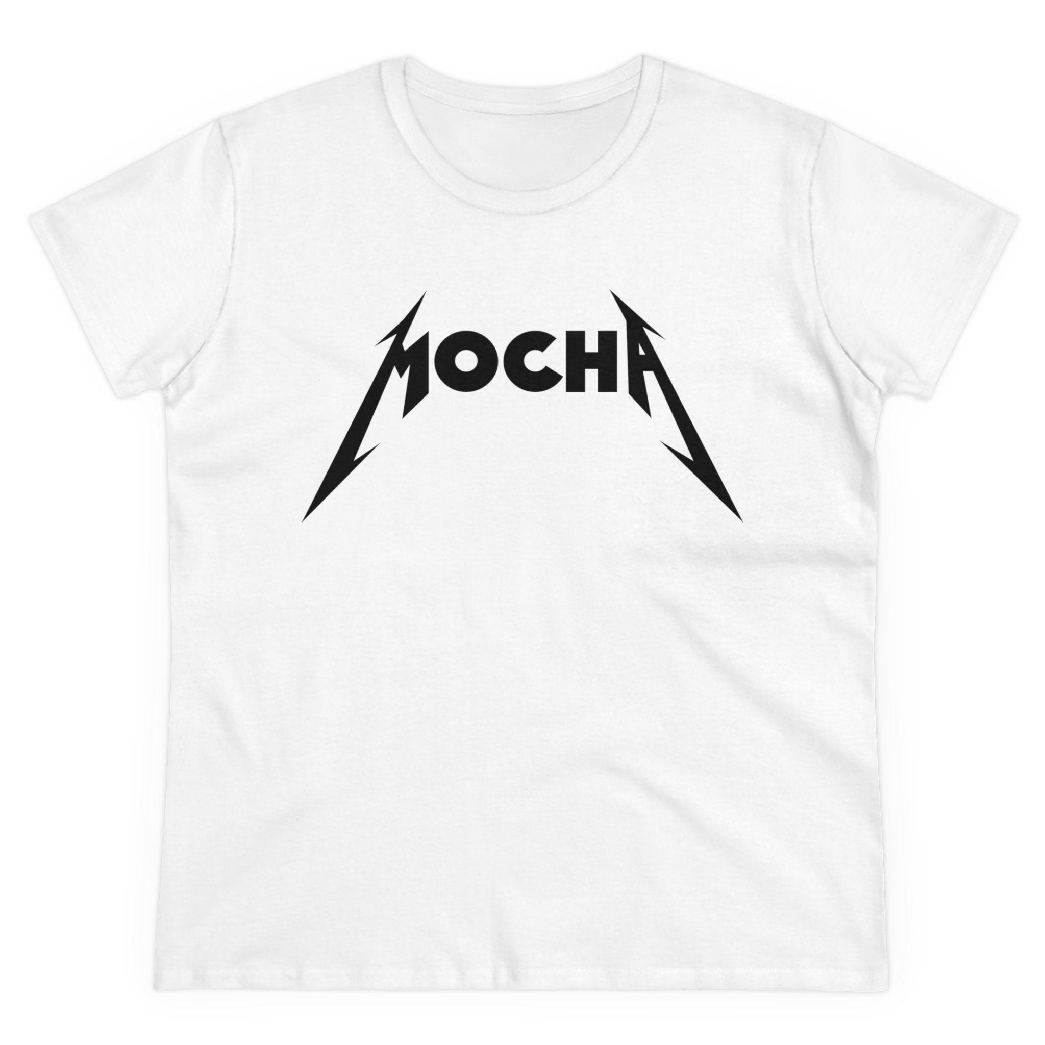 White T-shirt crafted from soft light cotton, featuring the word "MOCHA" in black with lightning bolt accents on either side. This Mocha - Women's Tee is pre-shrunk for a perfect fit.