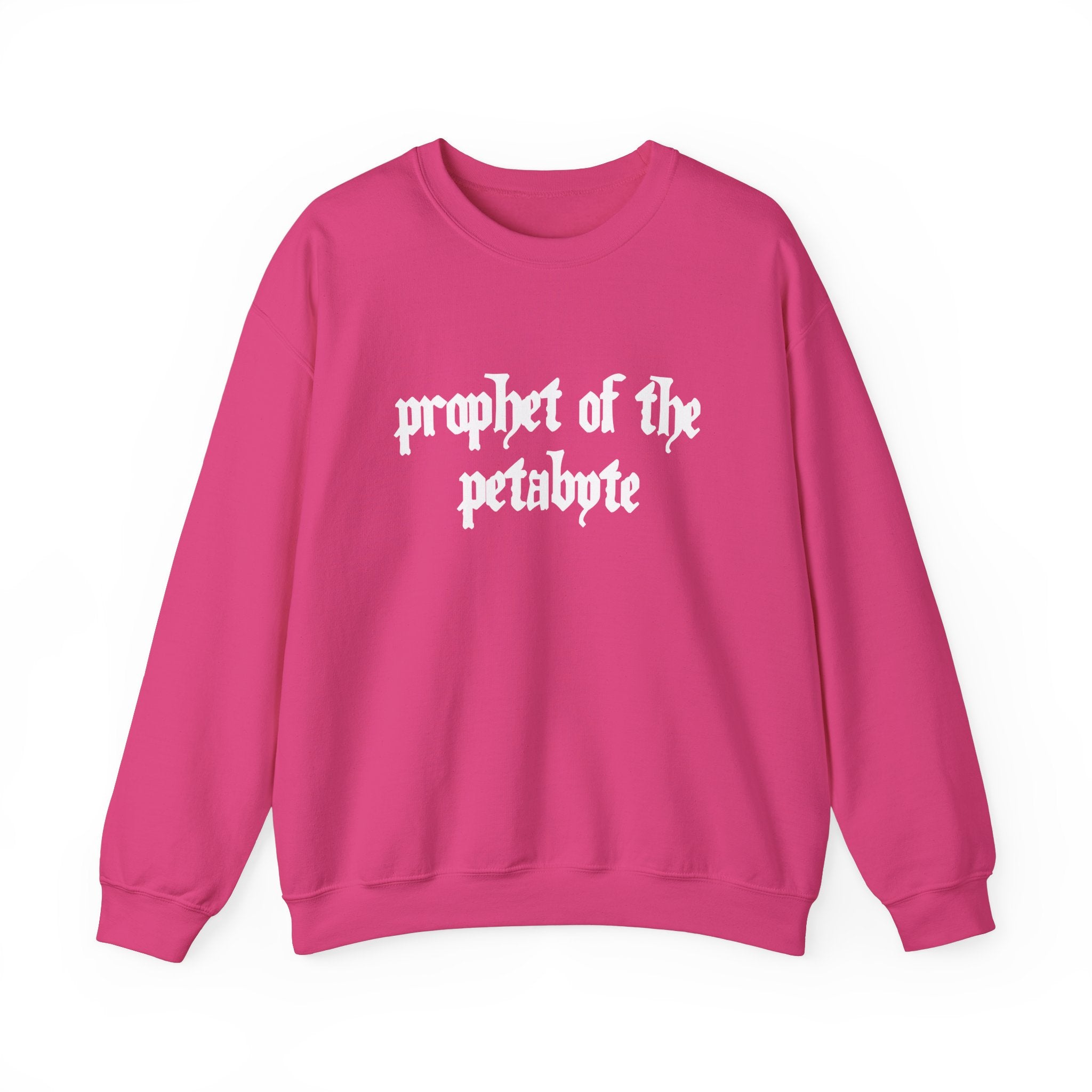 Wrap yourself in tech-chic style with the cozy "Prophet of the Petabyte" pink sweatshirt, adorned with striking white gothic text.